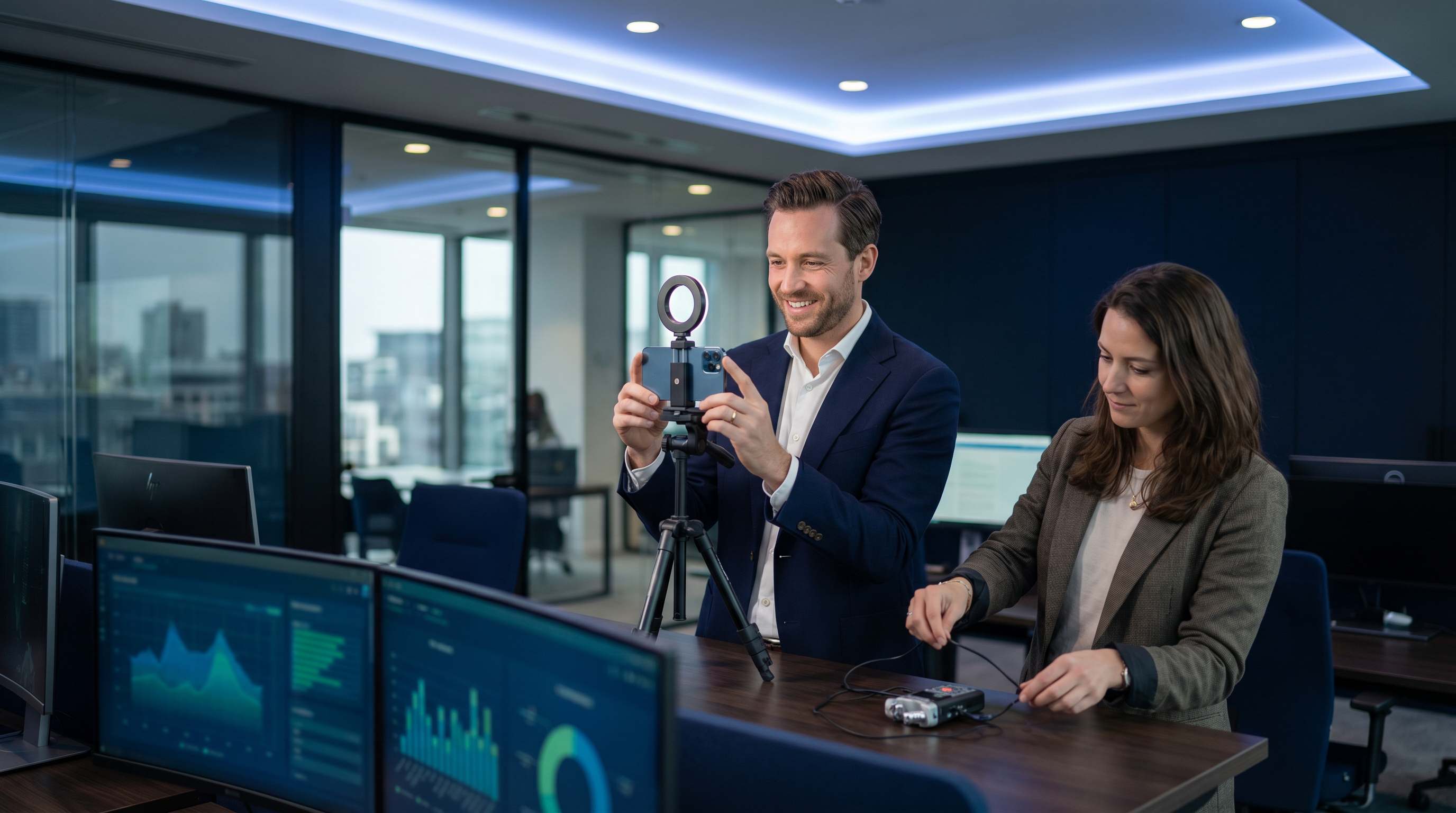 Client SEO heureux enregistrant un temoignage video sur smartphone avec lumiere annulaire et membre d'equipe