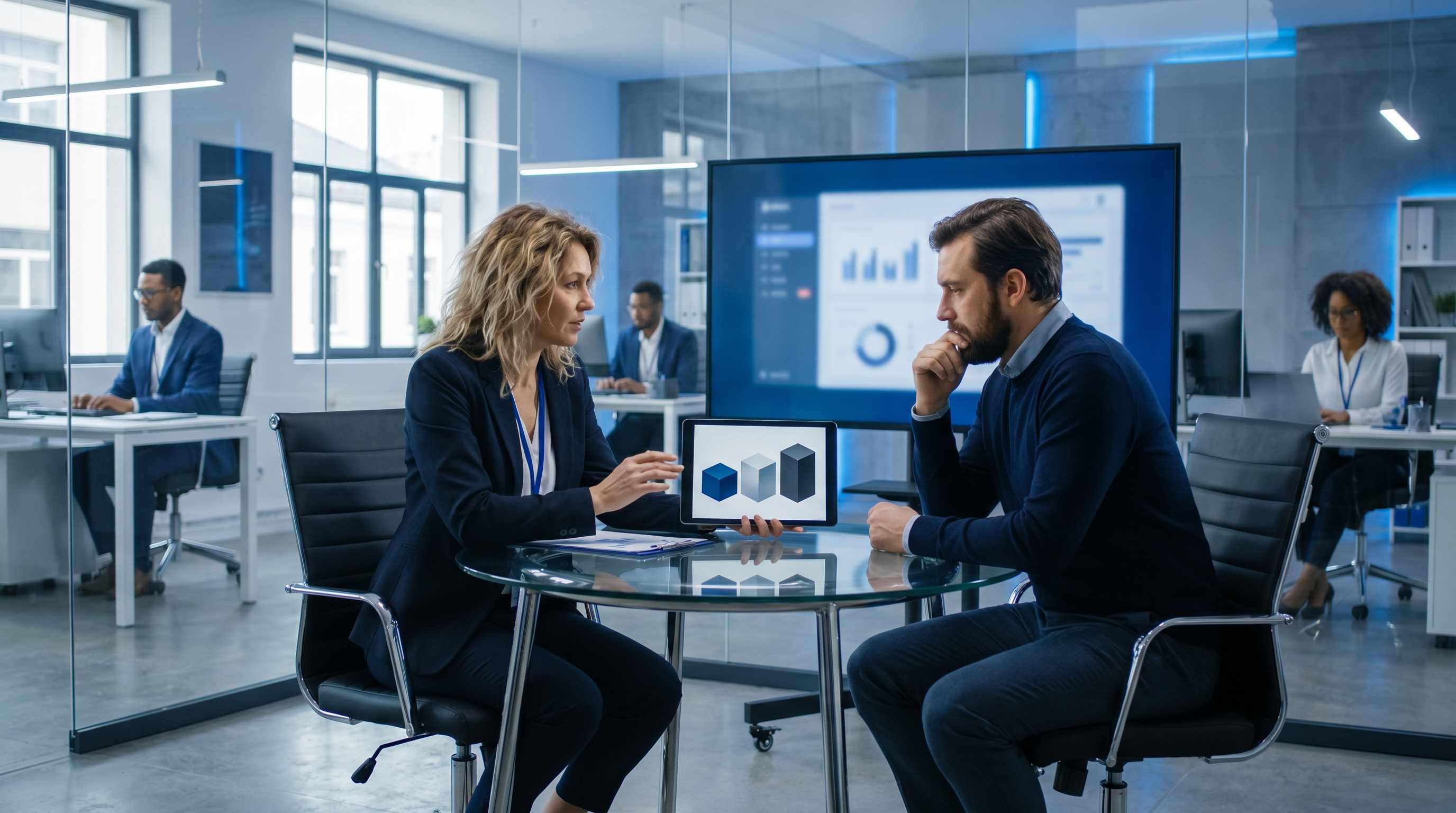 Chargee de compte presentant une proposition de montee en gamme SEO par paliers sur tablette a un client