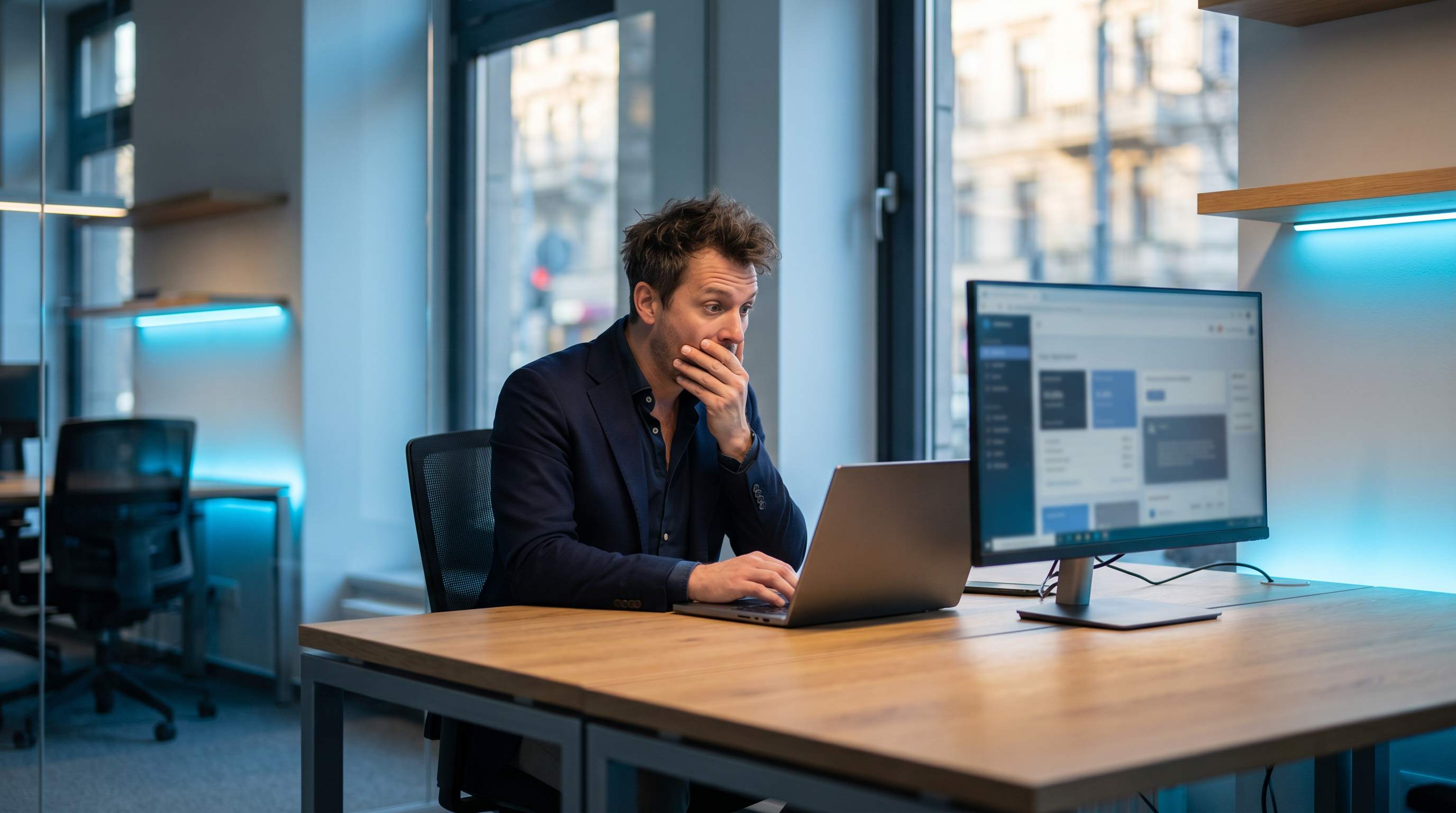 Chef de projet masculin lisant un email client hors scope avec expression surprise a son bureau de travail