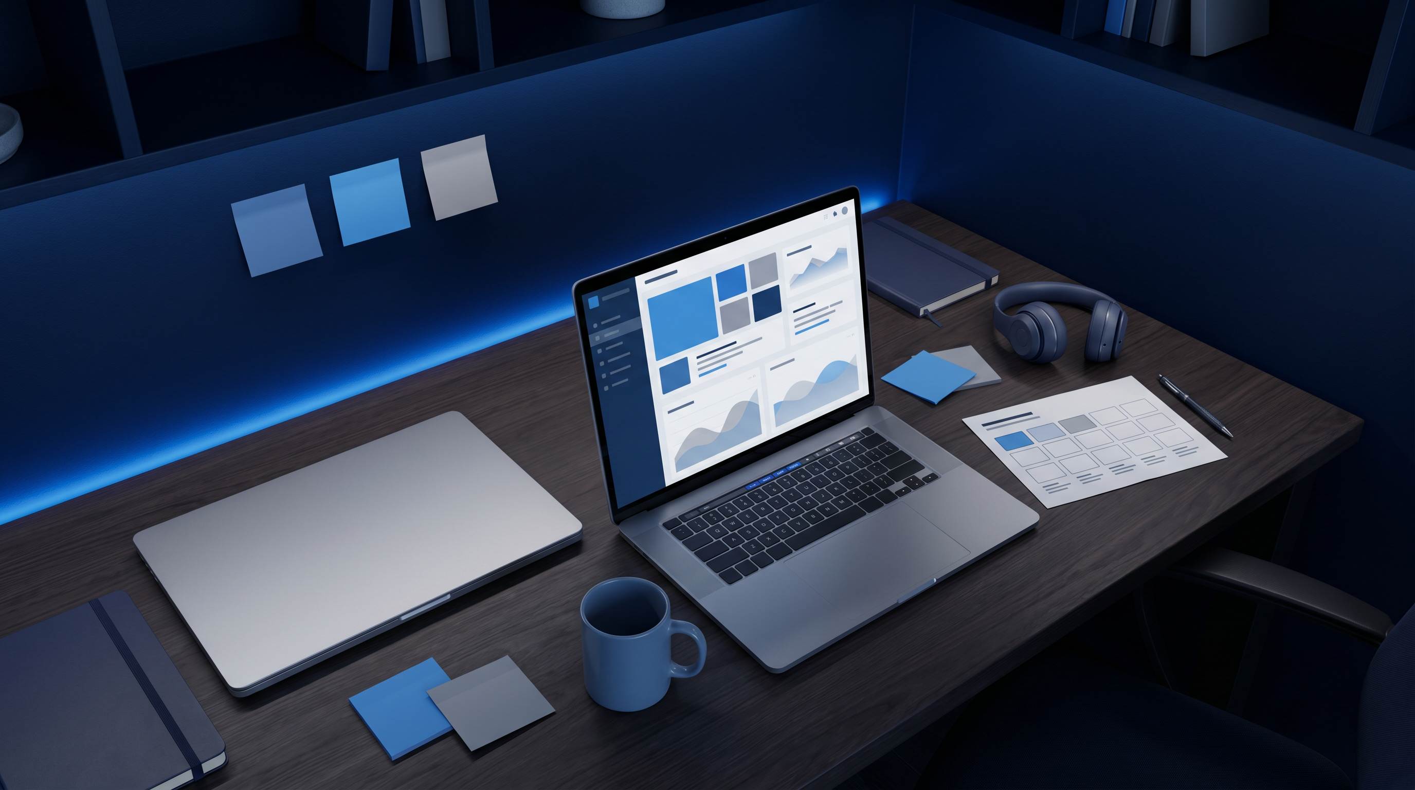 Vue de dessus d'un bureau agence SEO avec MacBook montrant tableau Notion, matrice de mots-cles et cafe