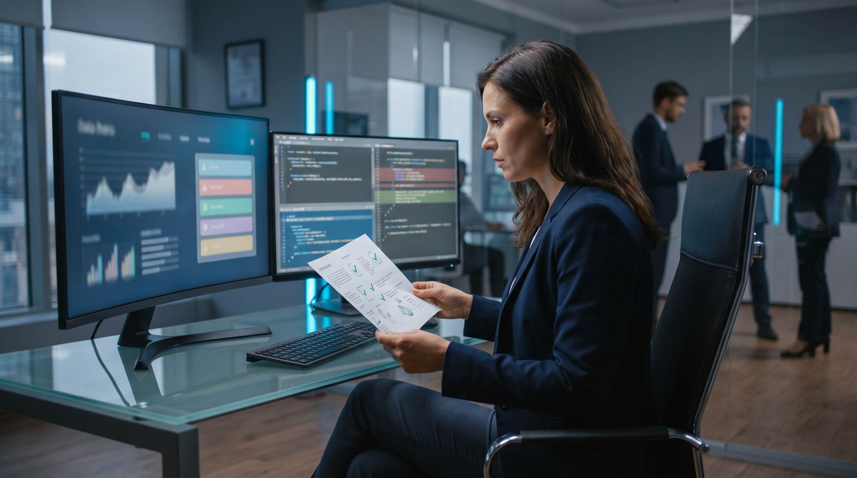 Responsable QC feminine examinant checklist d'audit SEO imprimee avec comparaison de contenus sur second ecran