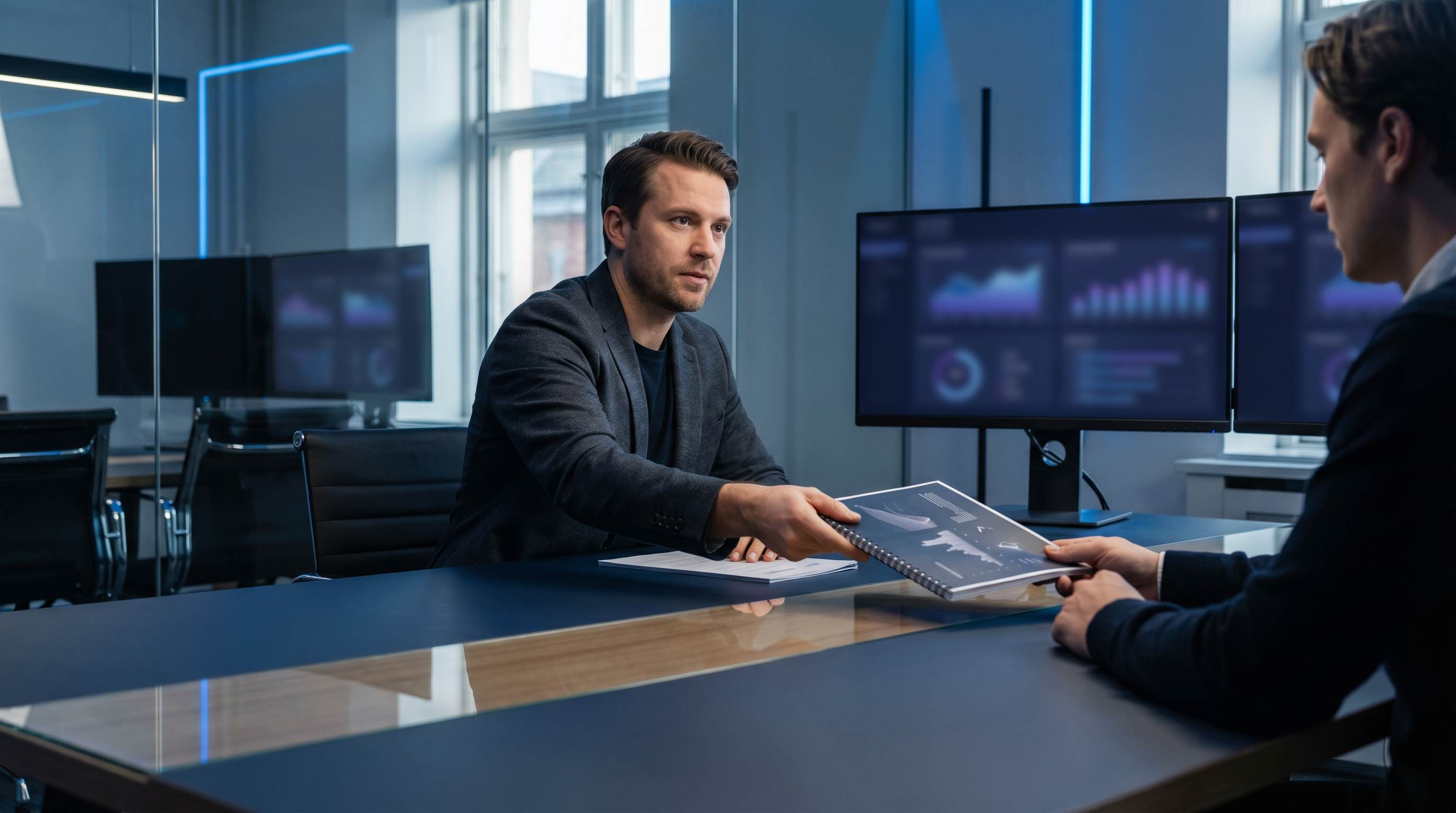 Consultant SEO faisant glisser un rapport de performance mensuel soigne vers un client a la table de reunion