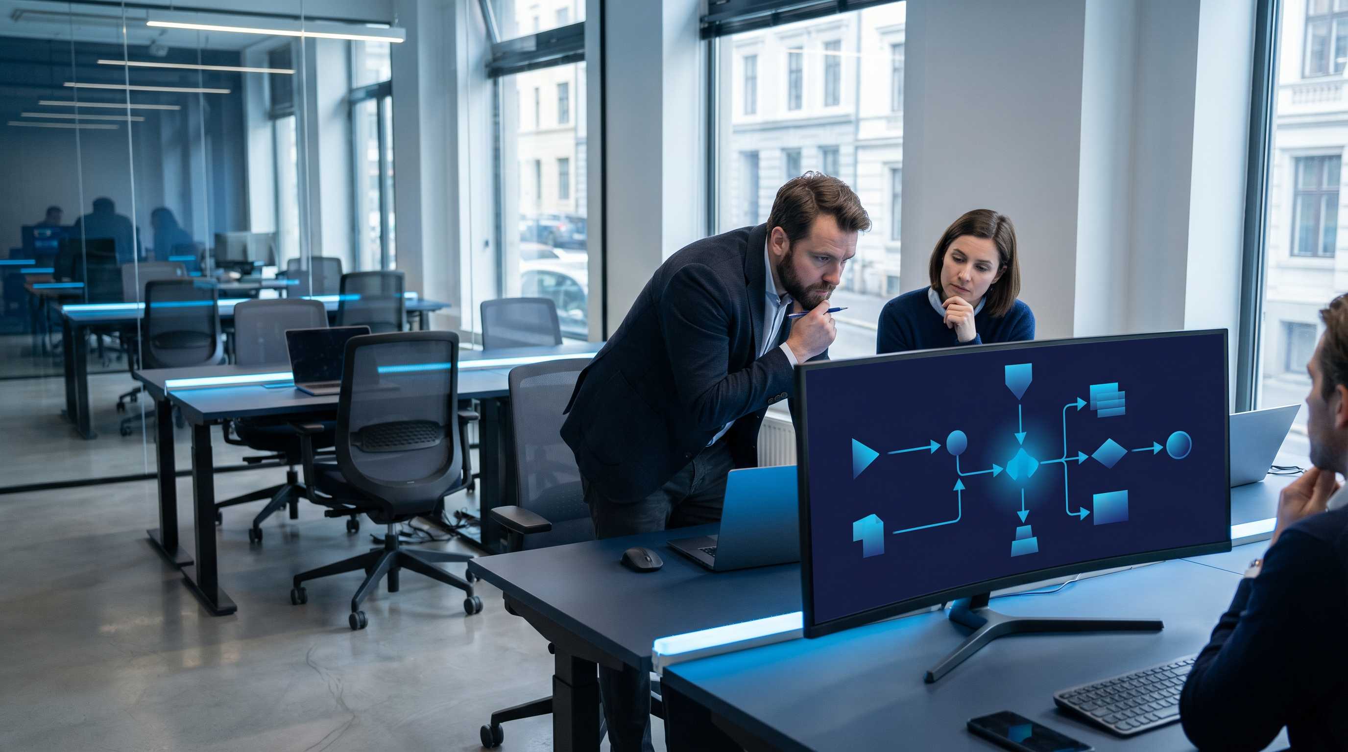 SEO-Agenturgründer studiert Marketing-Automatisierungs-Funnel-Diagramm auf grossem Bildschirm mit Kaffee