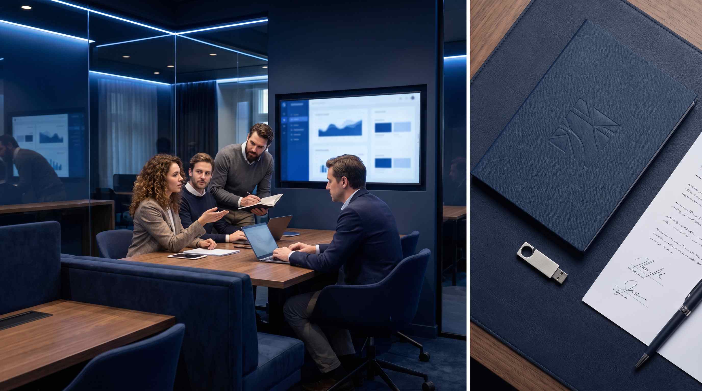 Kit d'onboarding agence SEO a plat avec livret de bienvenue, cle USB, contrat signe et carnet de marque