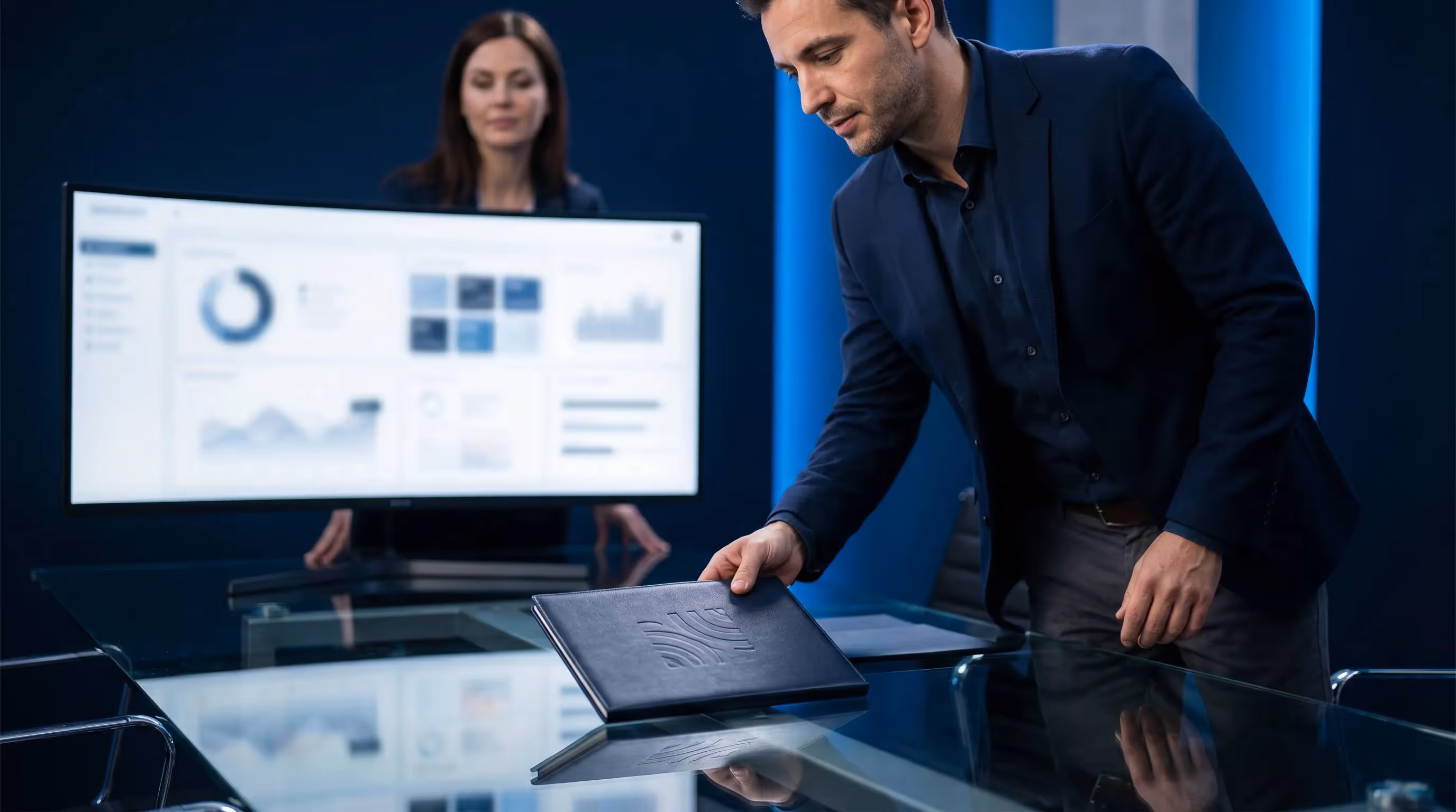 Consultant SEO placant un livret de proposition premium sur un bureau en verre avec prospect receptif