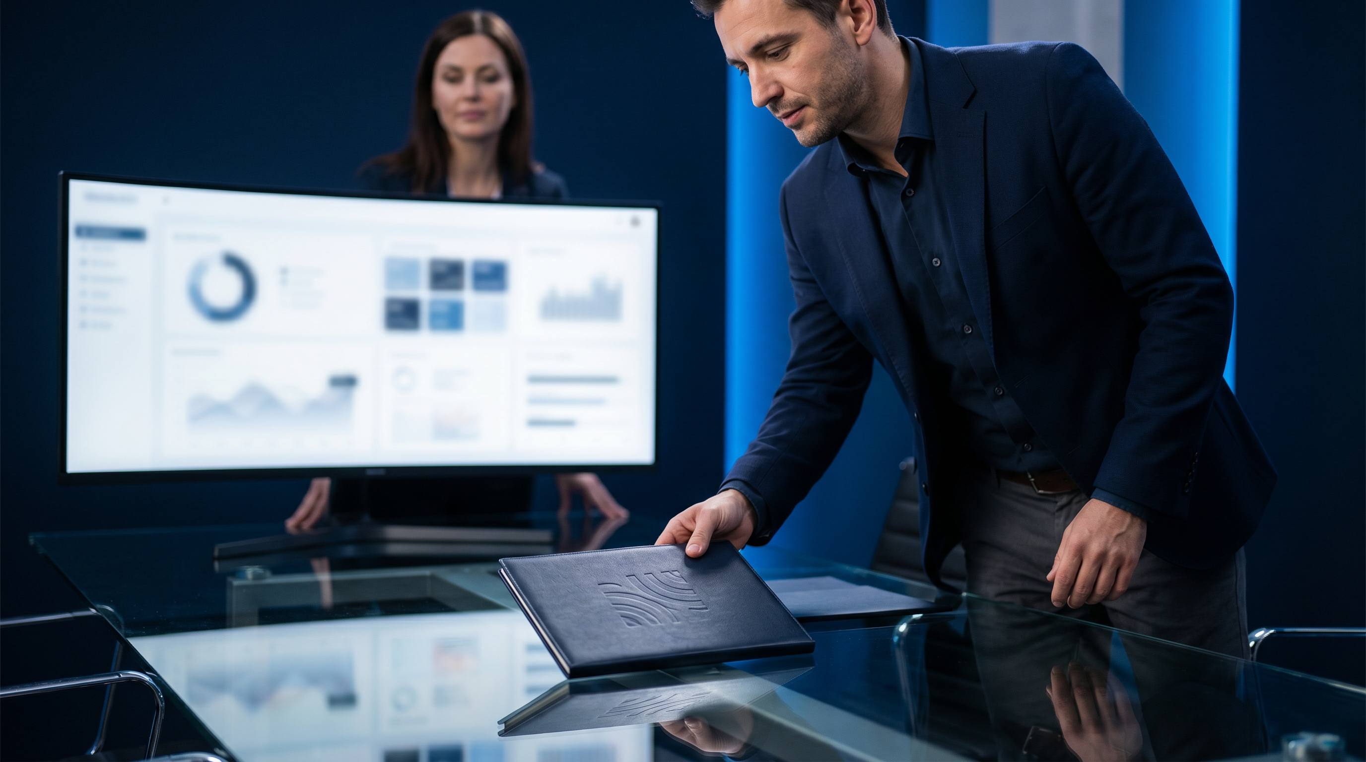 Consultant SEO placant un livret de proposition premium sur un bureau en verre avec prospect receptif