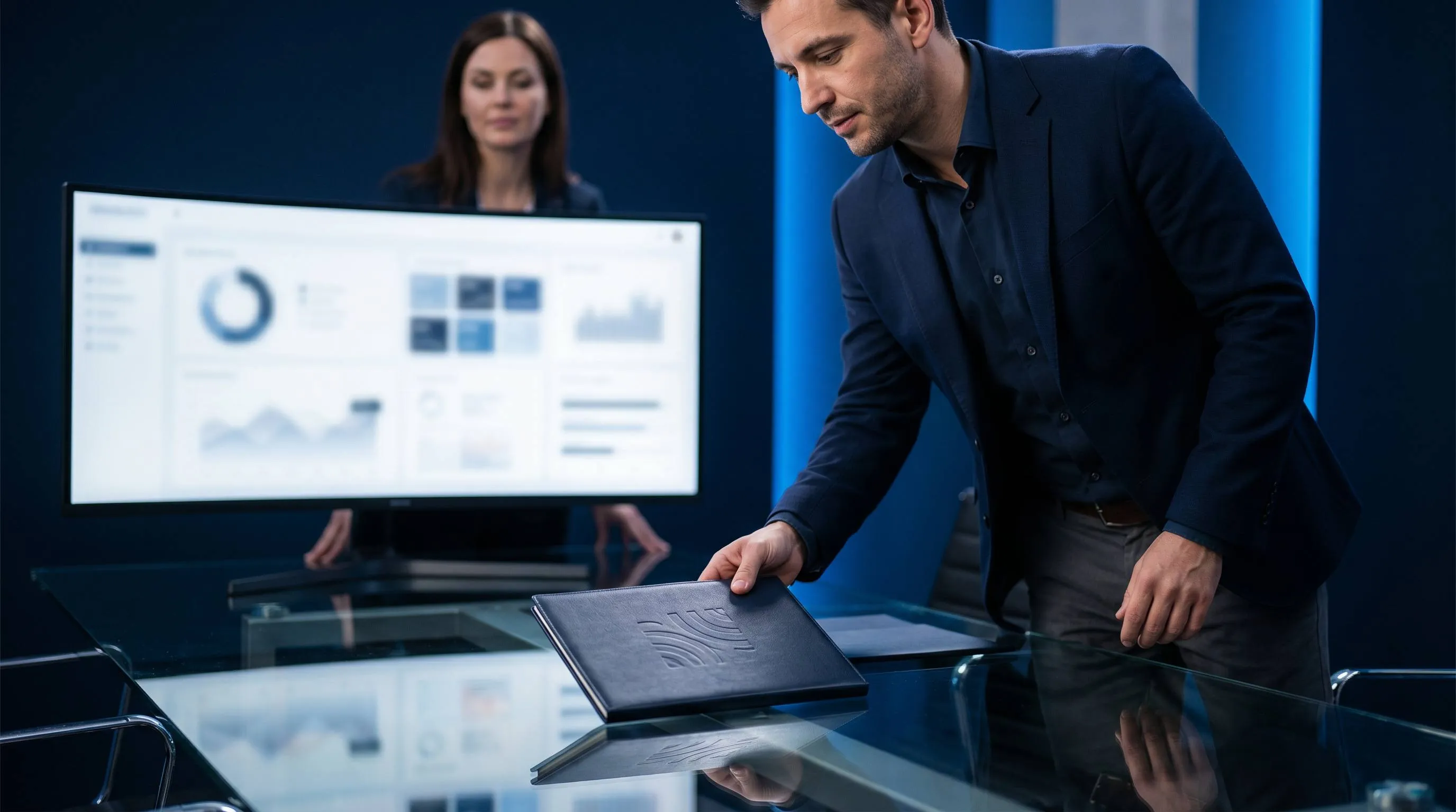 Consultant SEO placant un livret de proposition premium sur un bureau en verre avec prospect receptif