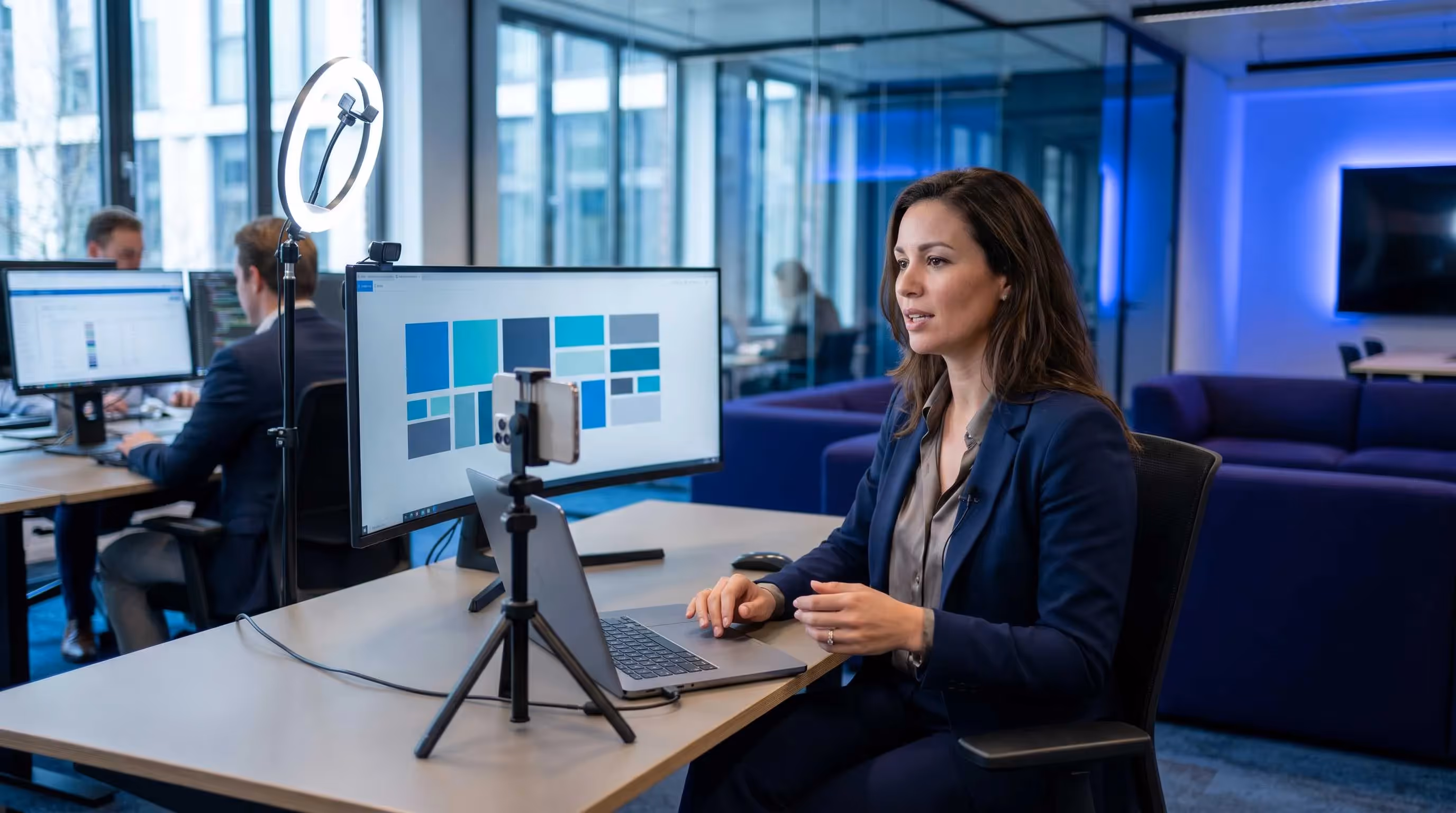Consultante SEO enregistrant une video LinkedIn a son bureau avec lumiere annulaire et notifications abonnes