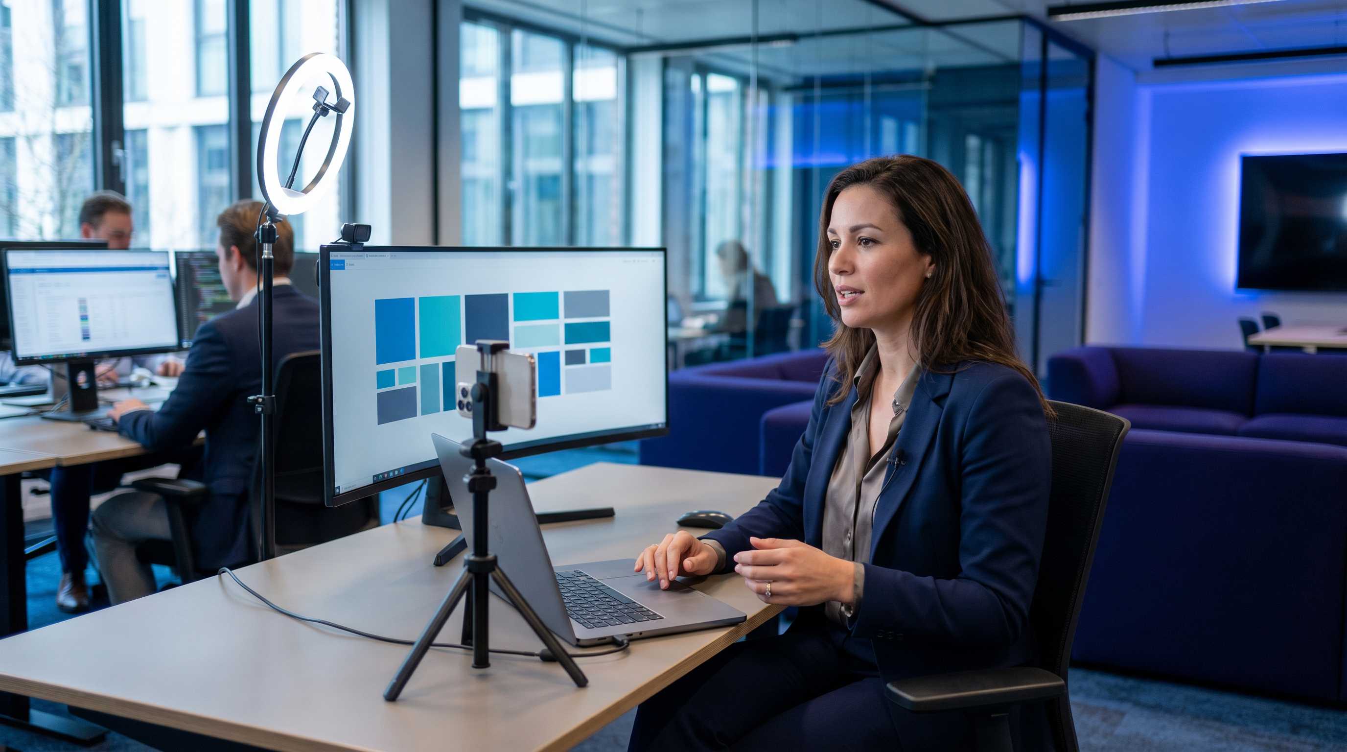 SEO-Beraterin nimmt LinkedIn-Video am Schreibtisch auf mit Ringlicht und neuen Follower-Benachrichtigungen