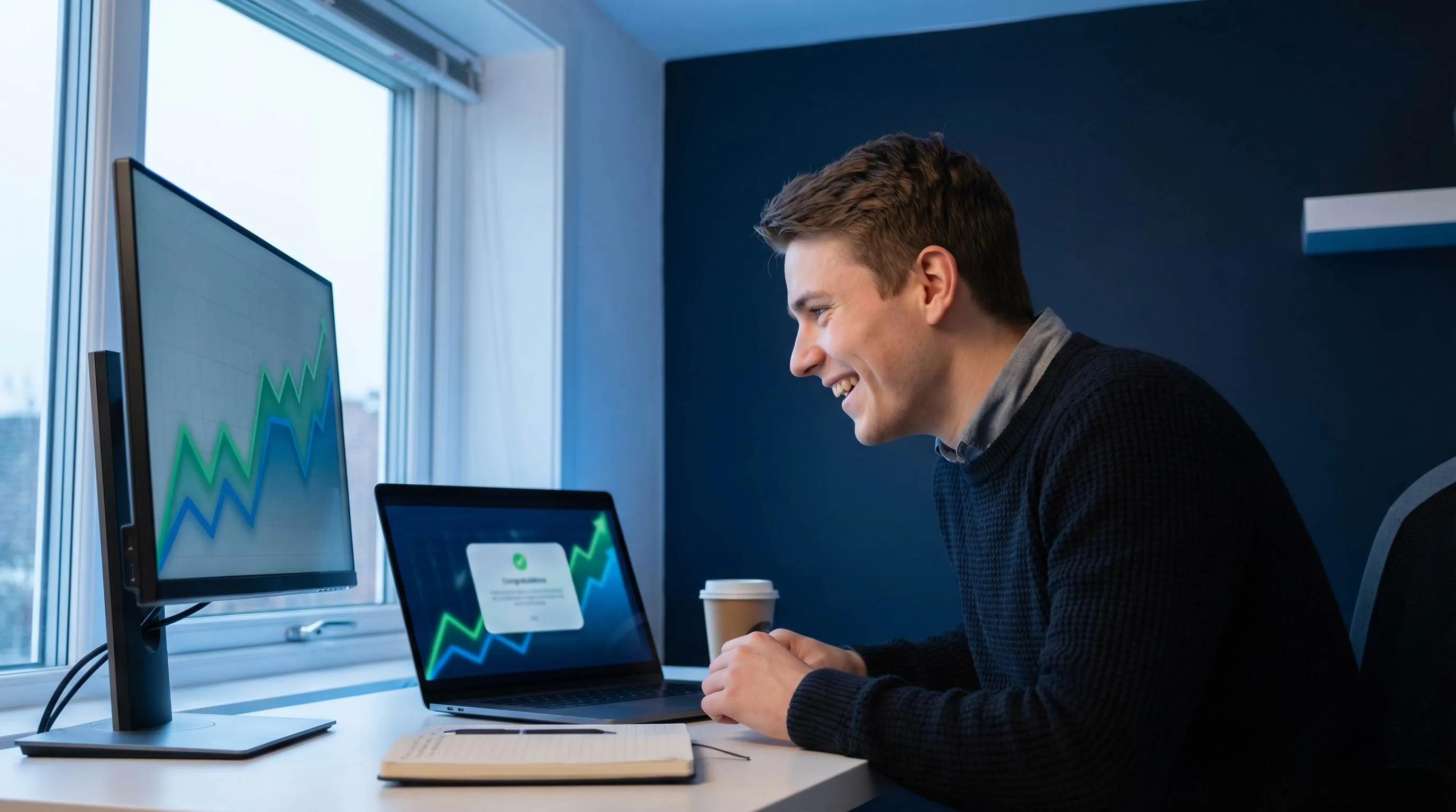 Jeune freelance SEO enthousiaste devant laptop affichant sa premiere notification de contrat signe a domicile