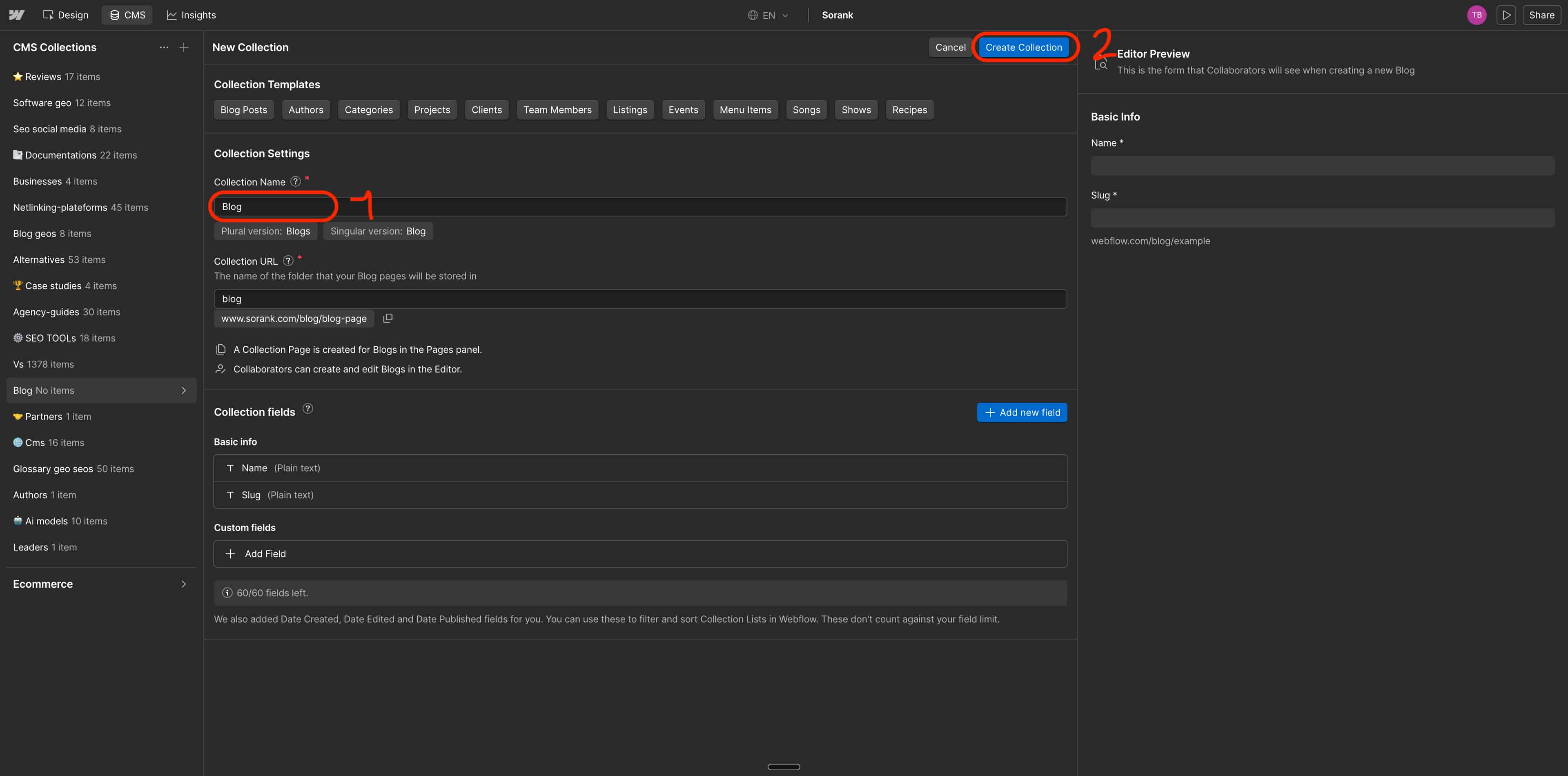Schritt 2 - Collection Blog nennen und auf Create Collection klicken