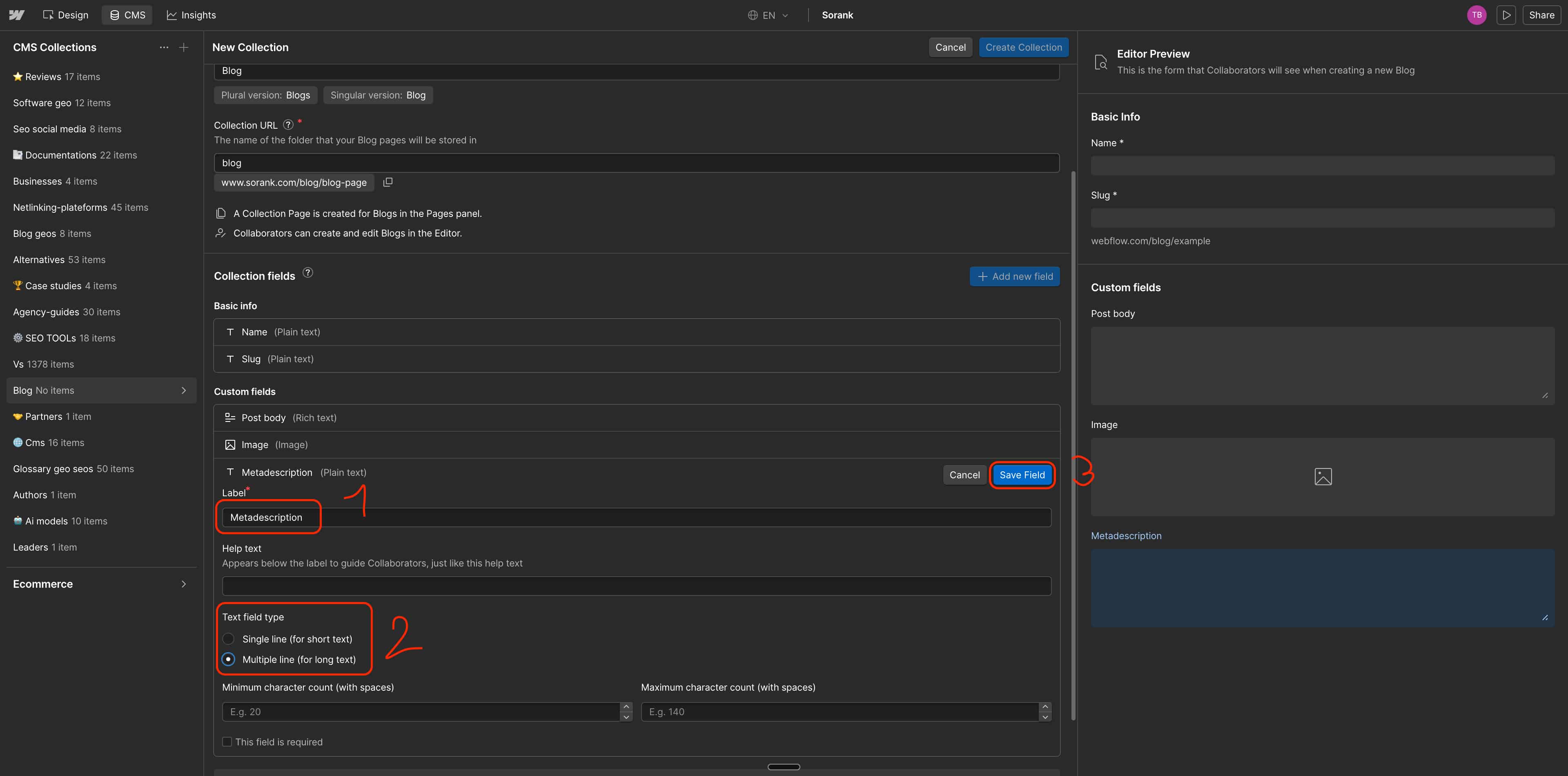 Pages öffnen, Blog geos Template wählen, zu SEO settings navigieren