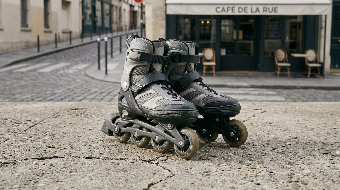 Rollers inline urbains posés sur un sol en béton dans une rue française