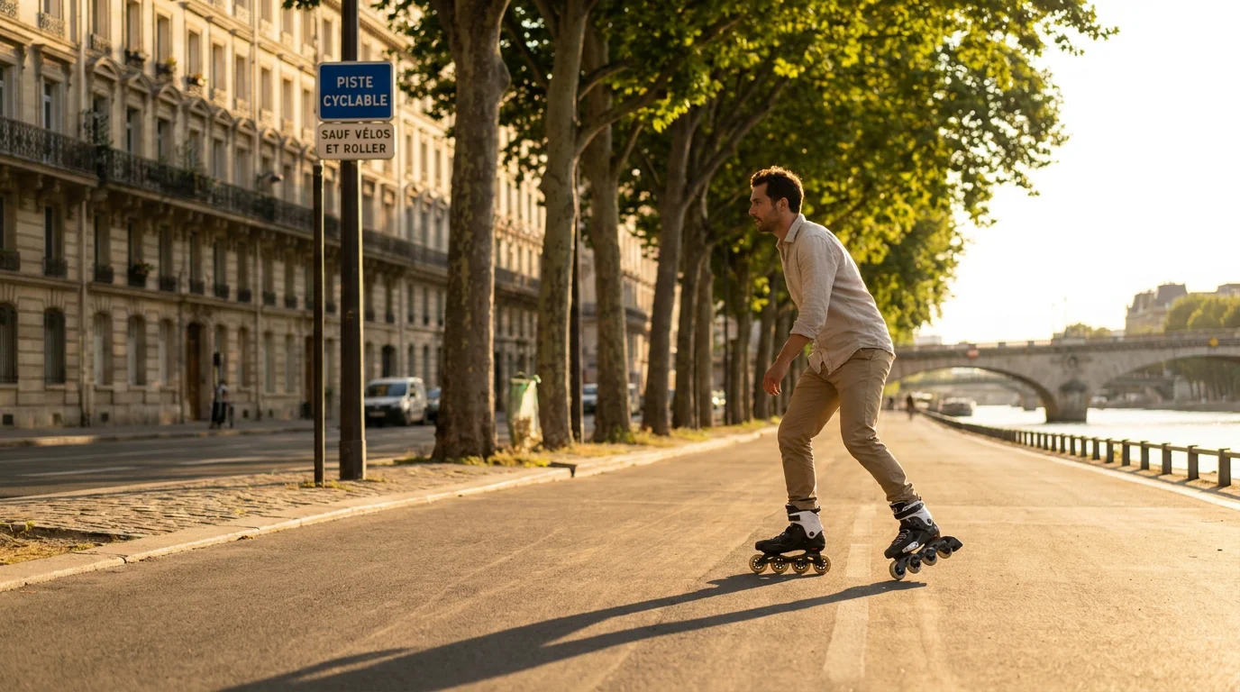 Patineur en rollers inline sur une piste cyclable urbaine en France au coucher du soleil