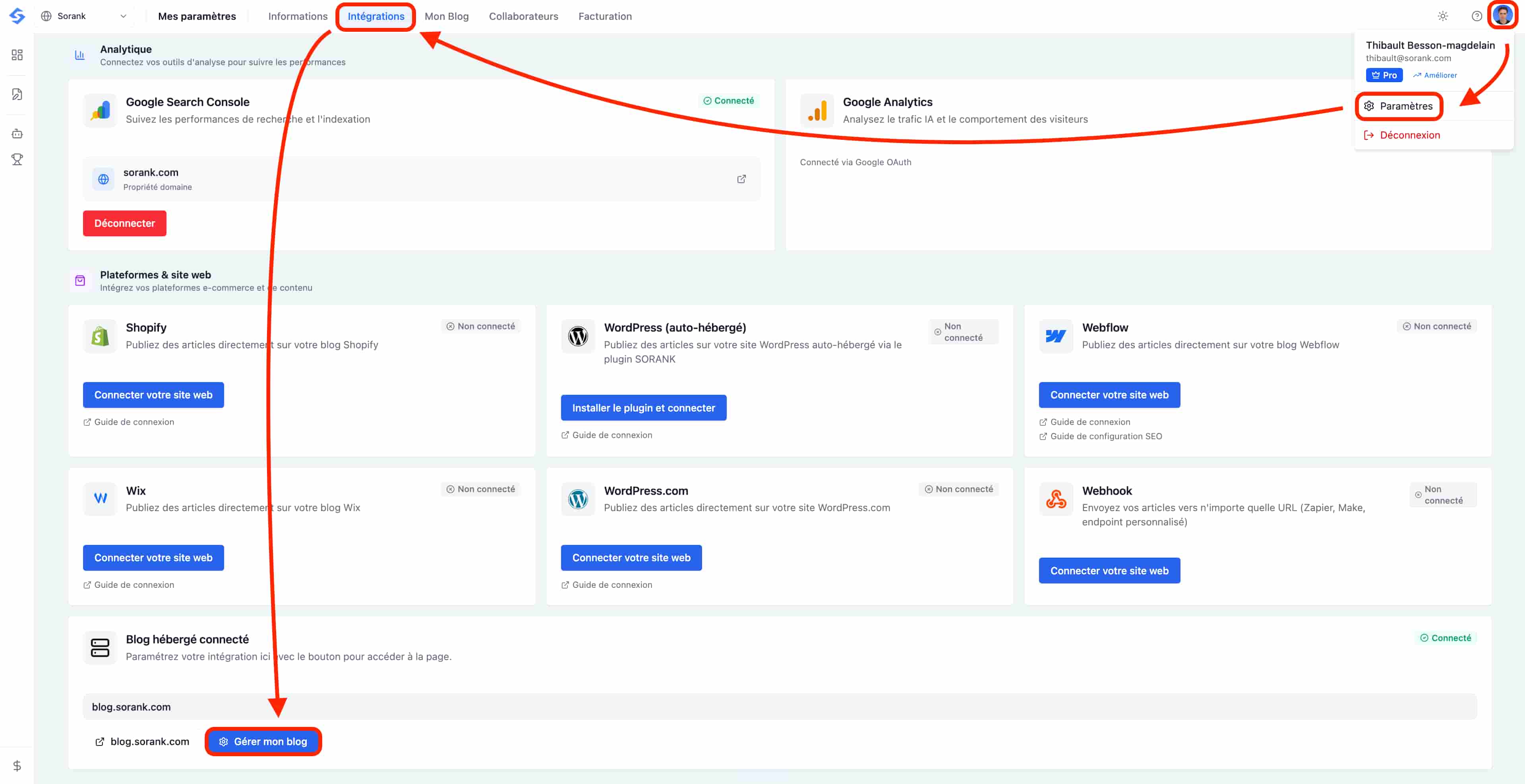 Abrir Ajustes luego Integraciones y hacer clic en Gestionar mi blog
