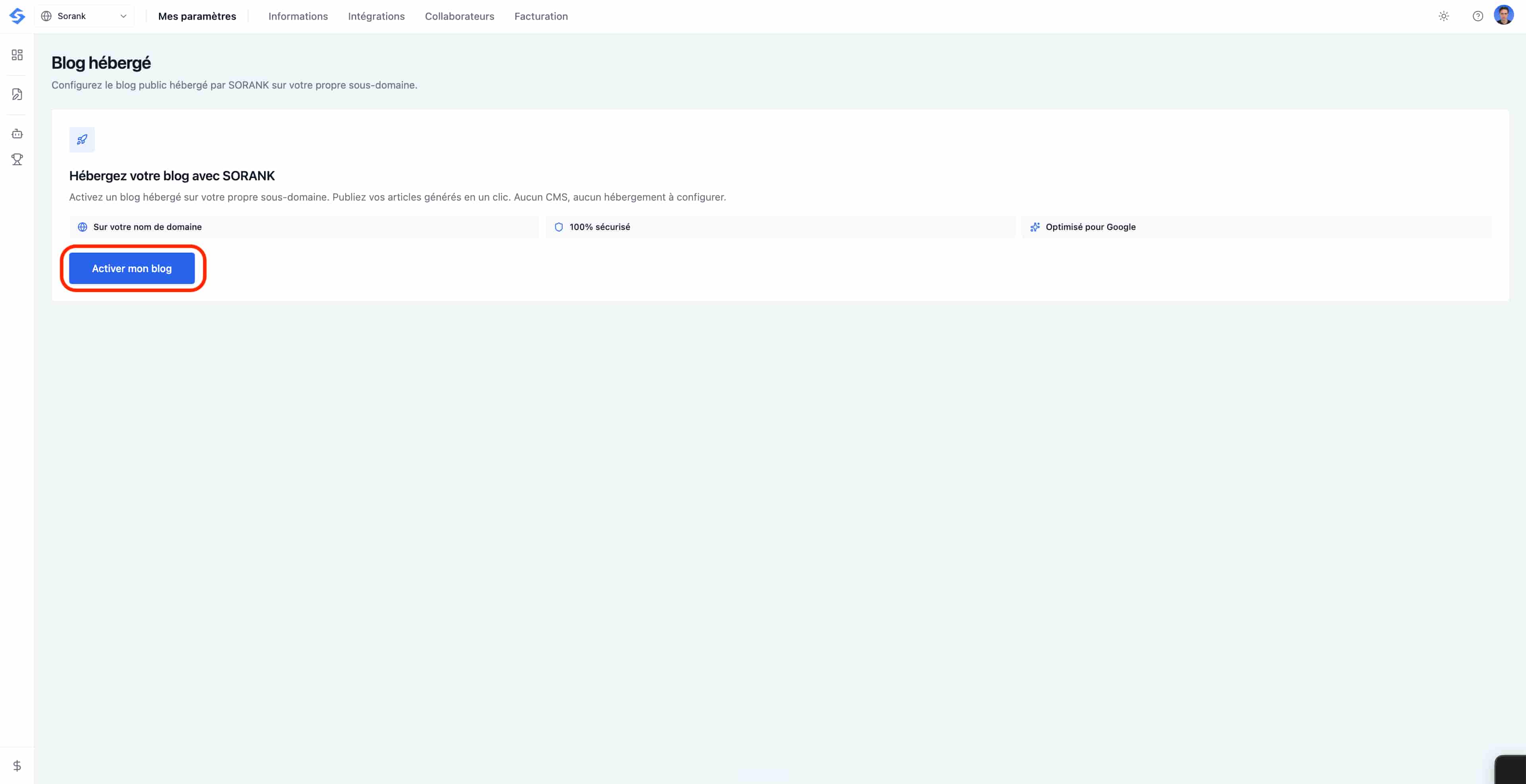 Hacer clic en Activar mi blog en la página Blog alojado