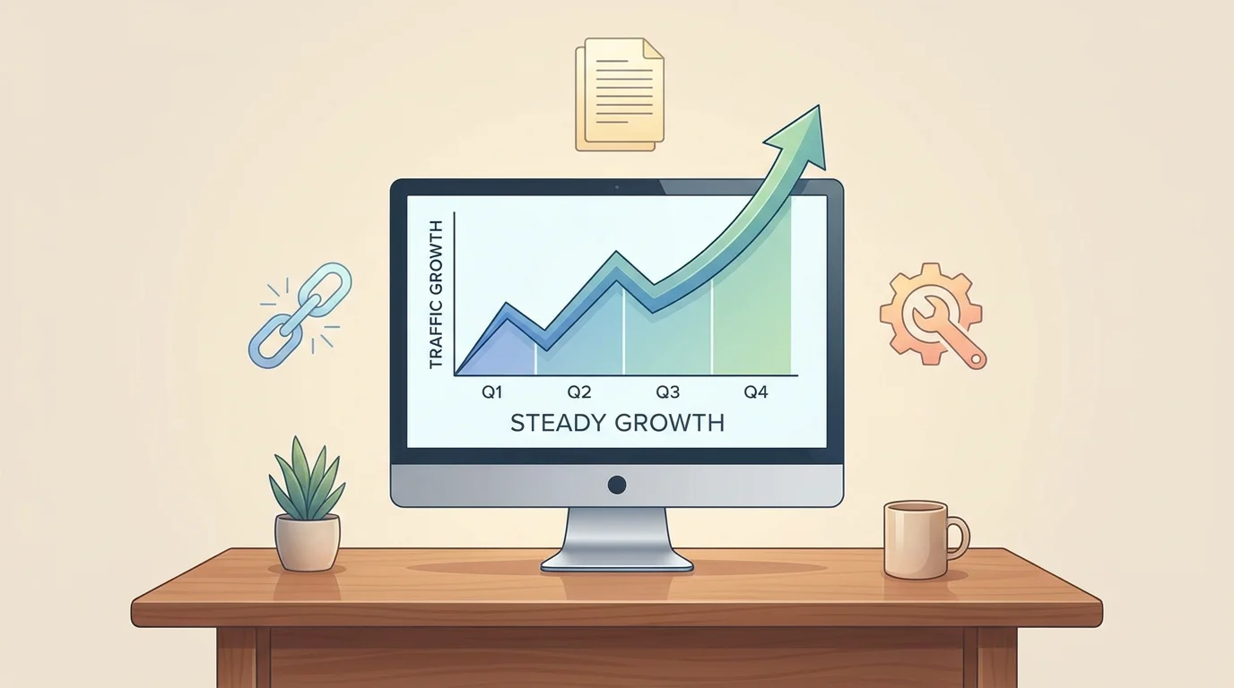 Illustration of a website authority growth chart on a computer screen with SEO icons