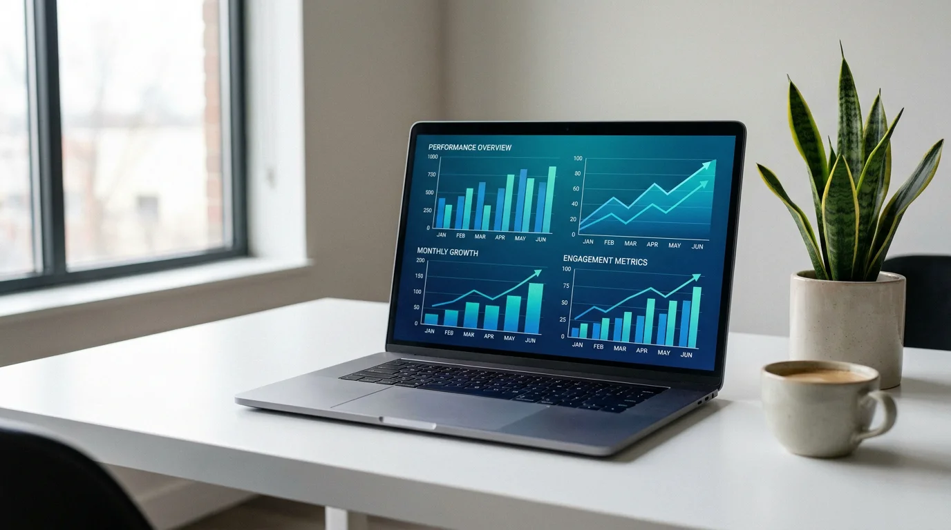 Laptop displaying an SEO analytics dashboard with authority metrics and trend graphs