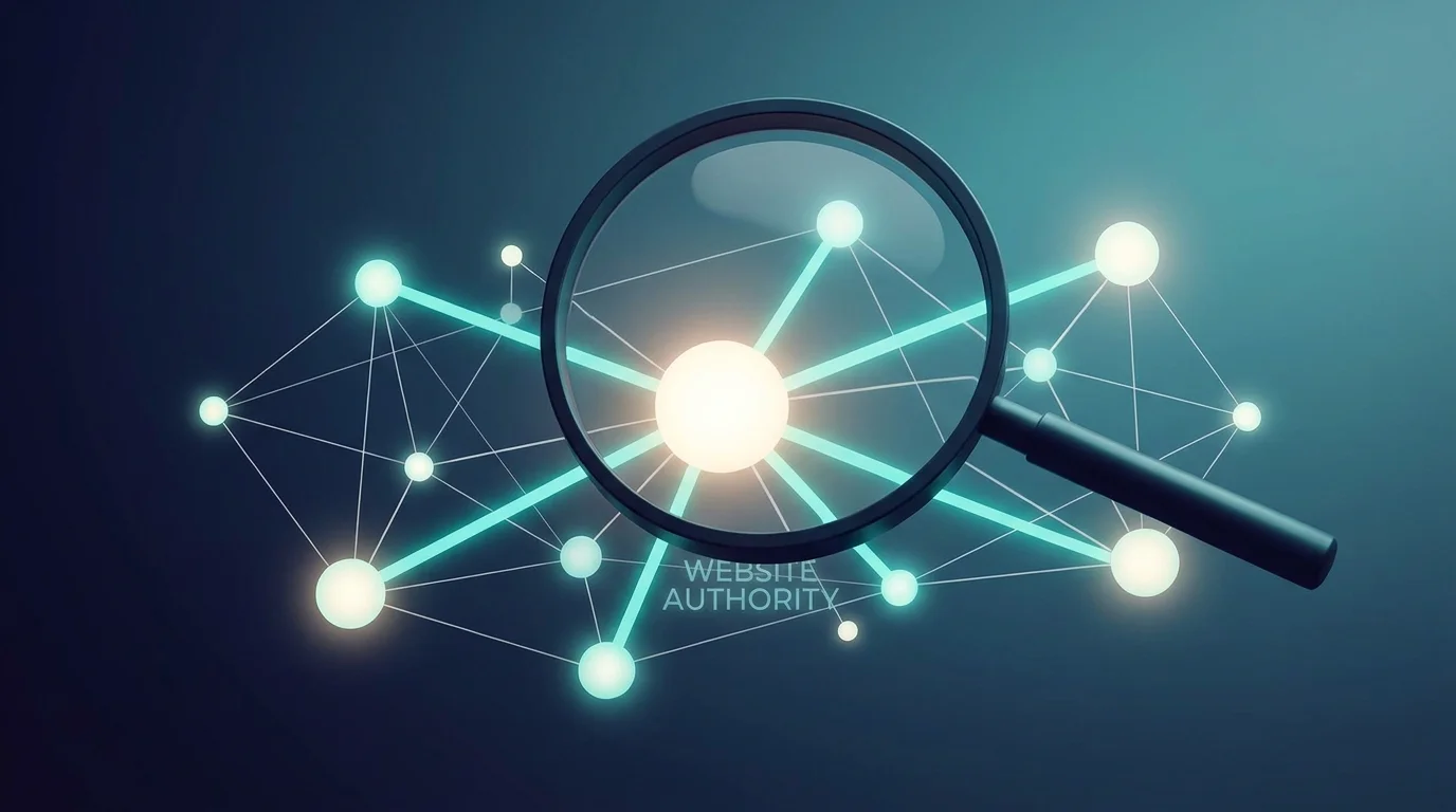 Magnifying glass examining a network of interconnected website nodes representing domain authority