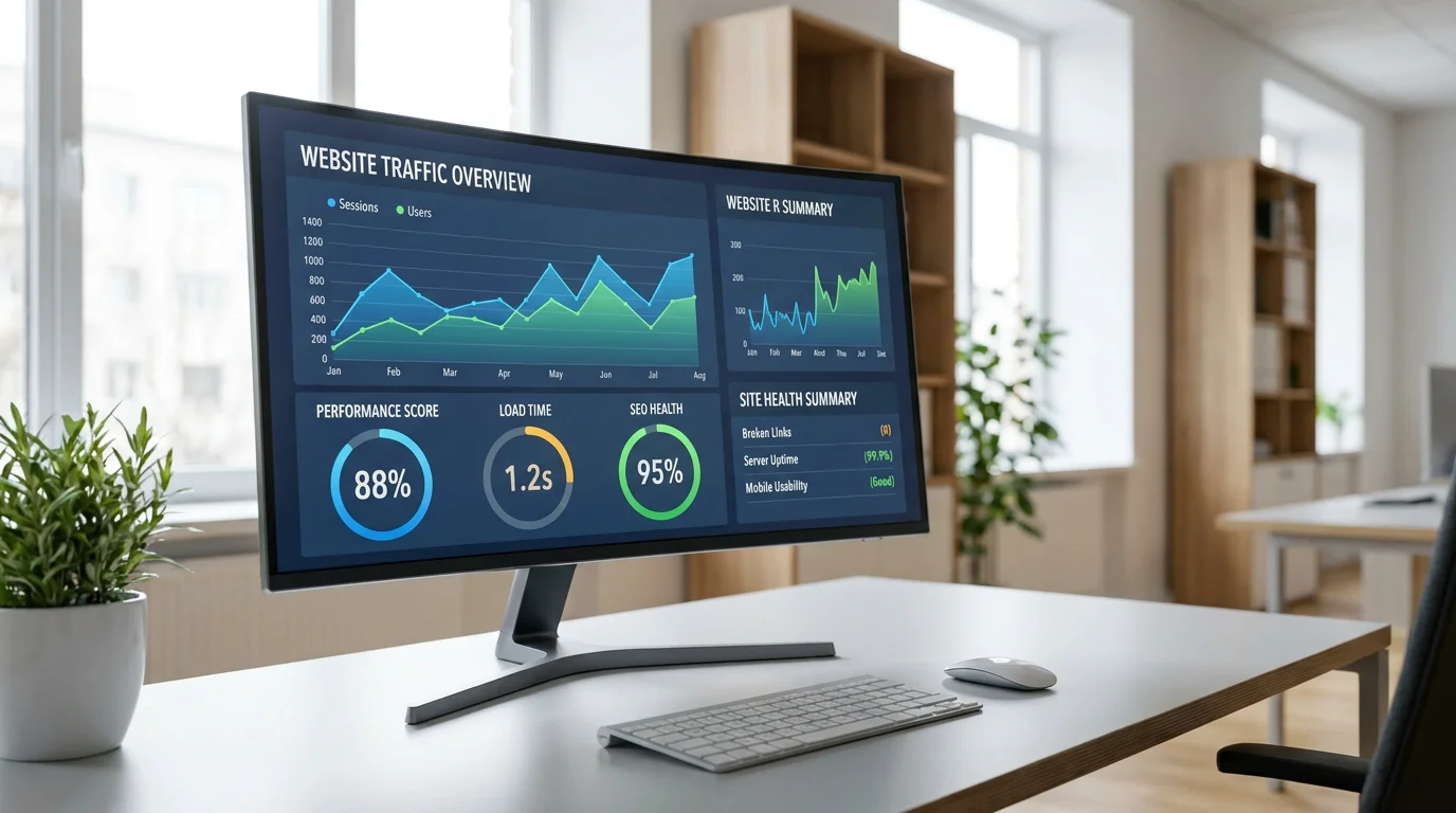 SEO diagnostic software interface displaying website performance analytics on a desktop monitor