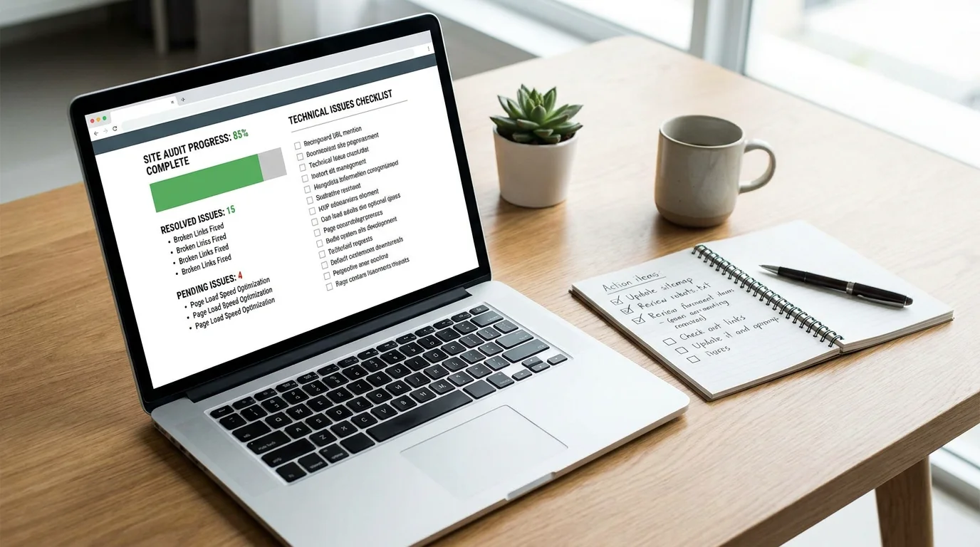 Automated SEO diagnostic workflow displayed on a laptop with a technical audit checklist