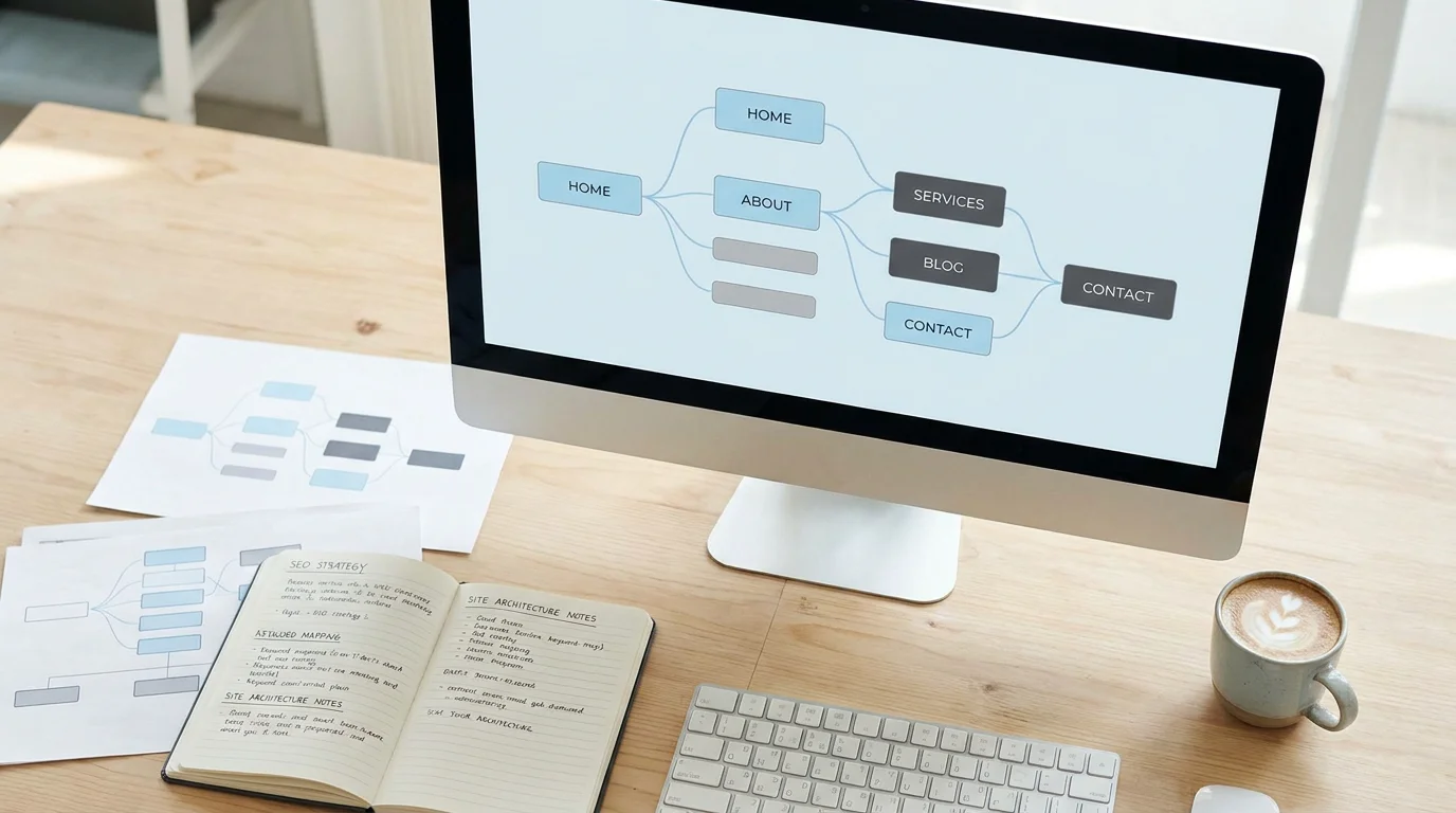 Professional workspace showing a monitor with a website sitemap tree structure for SEO planning