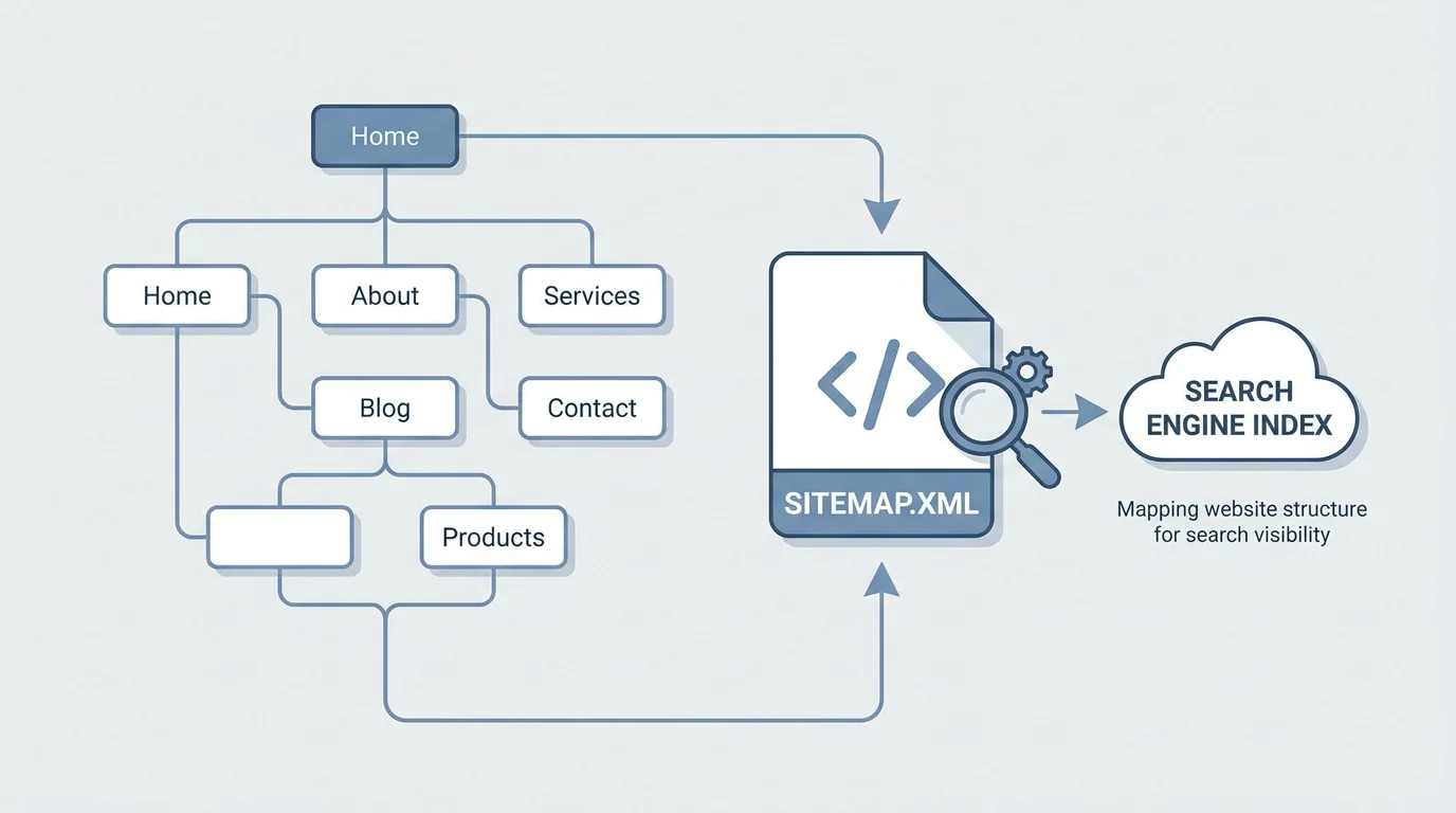 Diagram illustrating how a sitemap generator maps website pages into a structured XML file for search engines