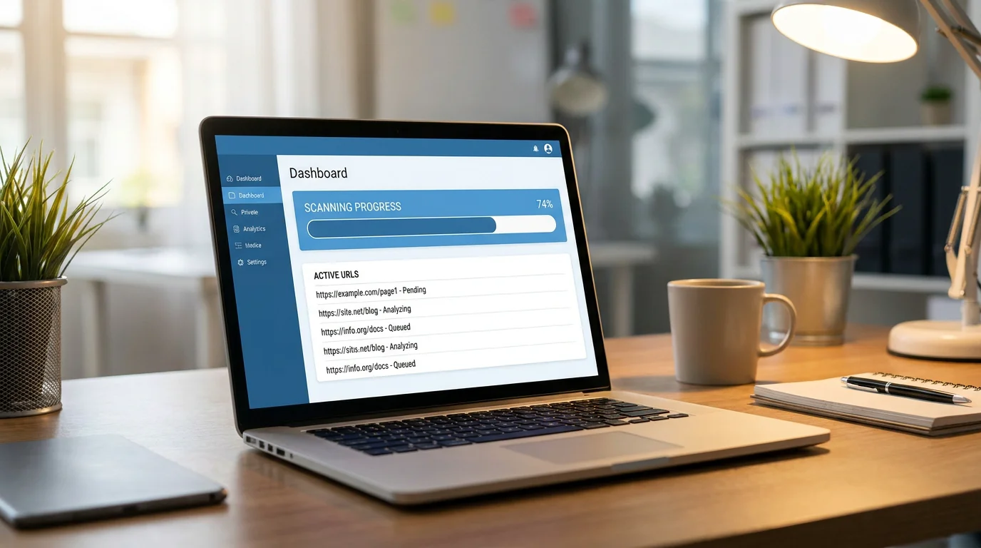 Laptop showing a sitemap generation dashboard scanning website URLs in a professional office setting