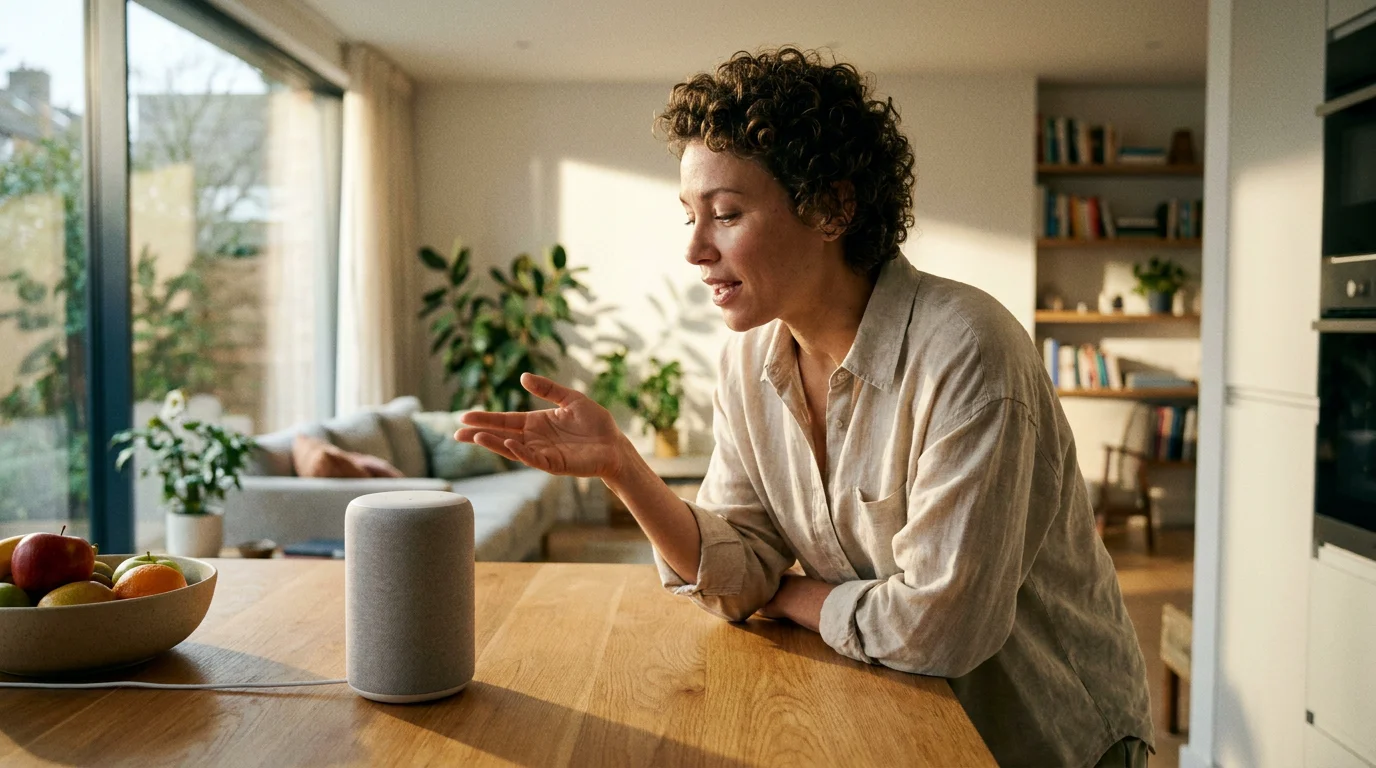 Person using a smart voice assistant device at home, illustrating the growing adoption of voice search