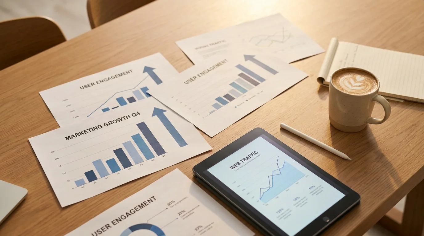Business meeting table with growth charts illustrating voice search optimization ROI