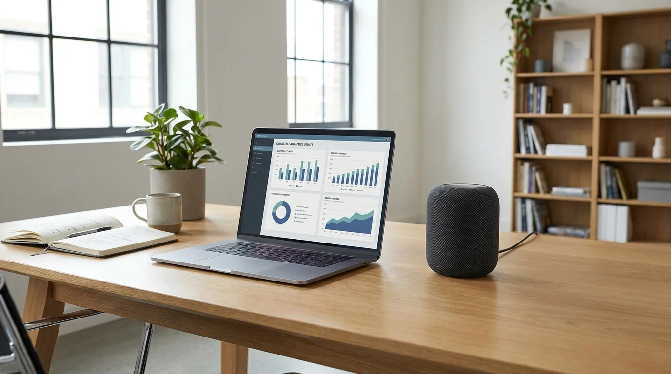 Modern office workspace with laptop analytics dashboard and smart speaker for voice search optimization