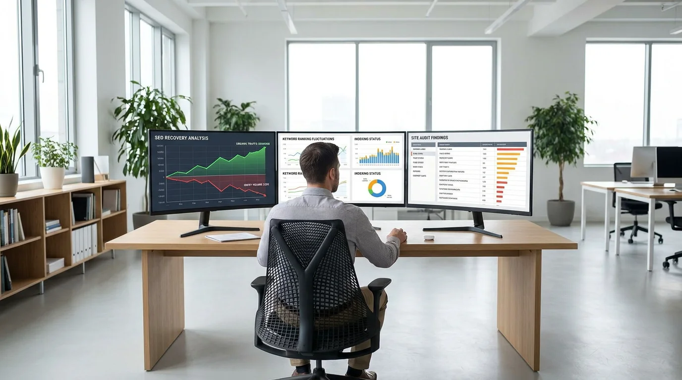 Professional analyzing search analytics dashboards to diagnose Google algorithm update impact