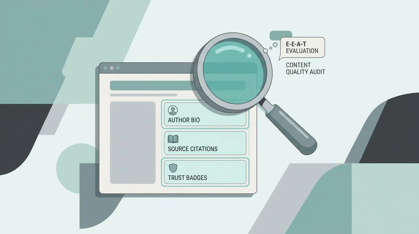 Illustration of E-E-A-T content audit showing author expertise and trust signals on a web page