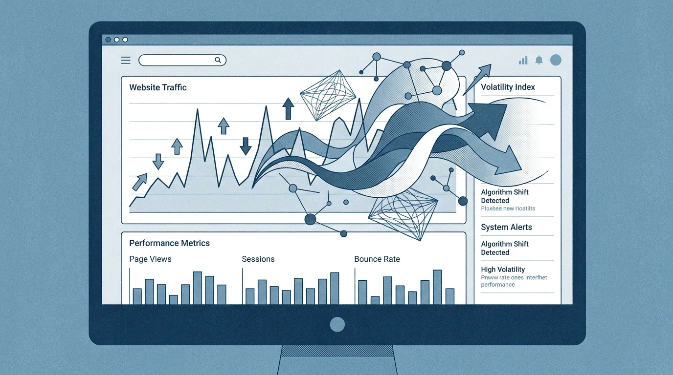 Dashboard illustration showing website traffic fluctuations after a Google algorithm update