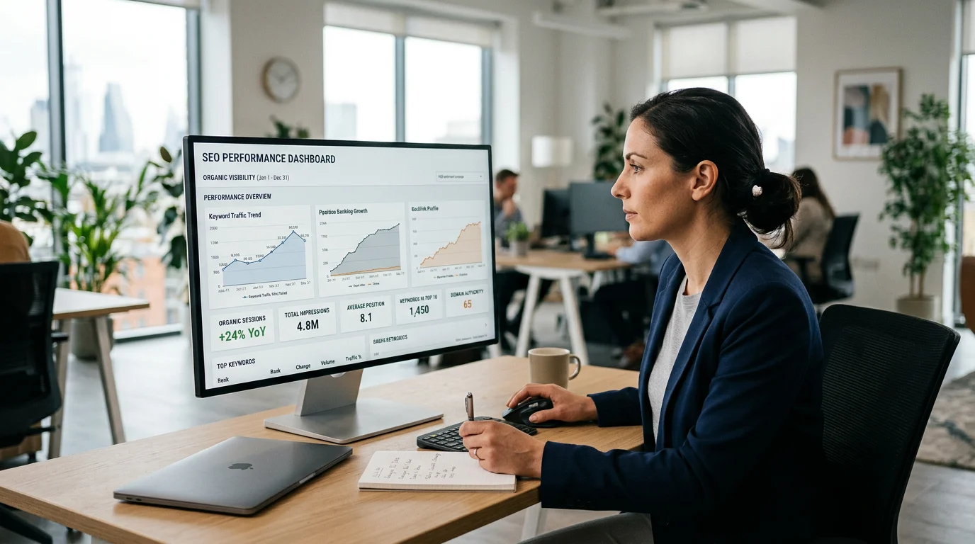 Marketing professional analyzing an SEO dashboard on a large monitor