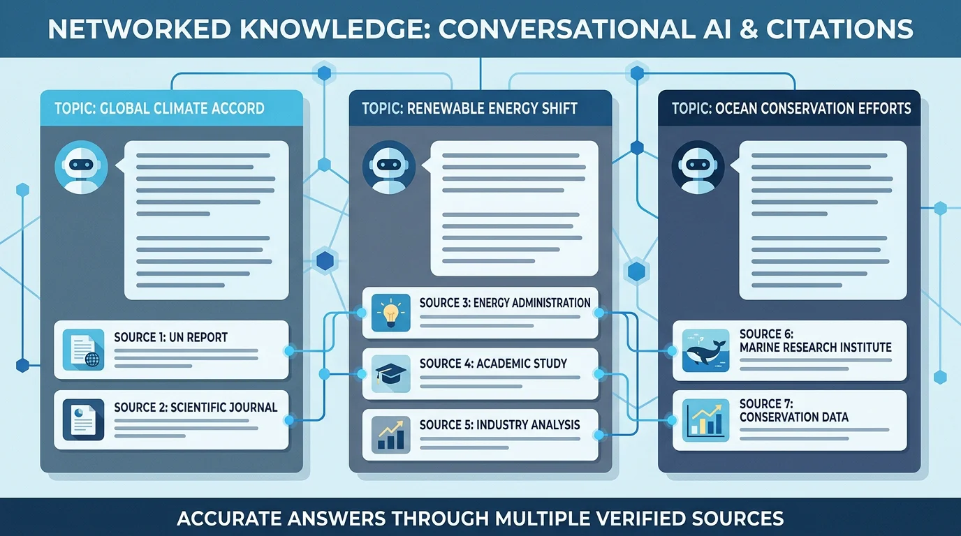 Diagram showing a brand cited across several AI answer engines