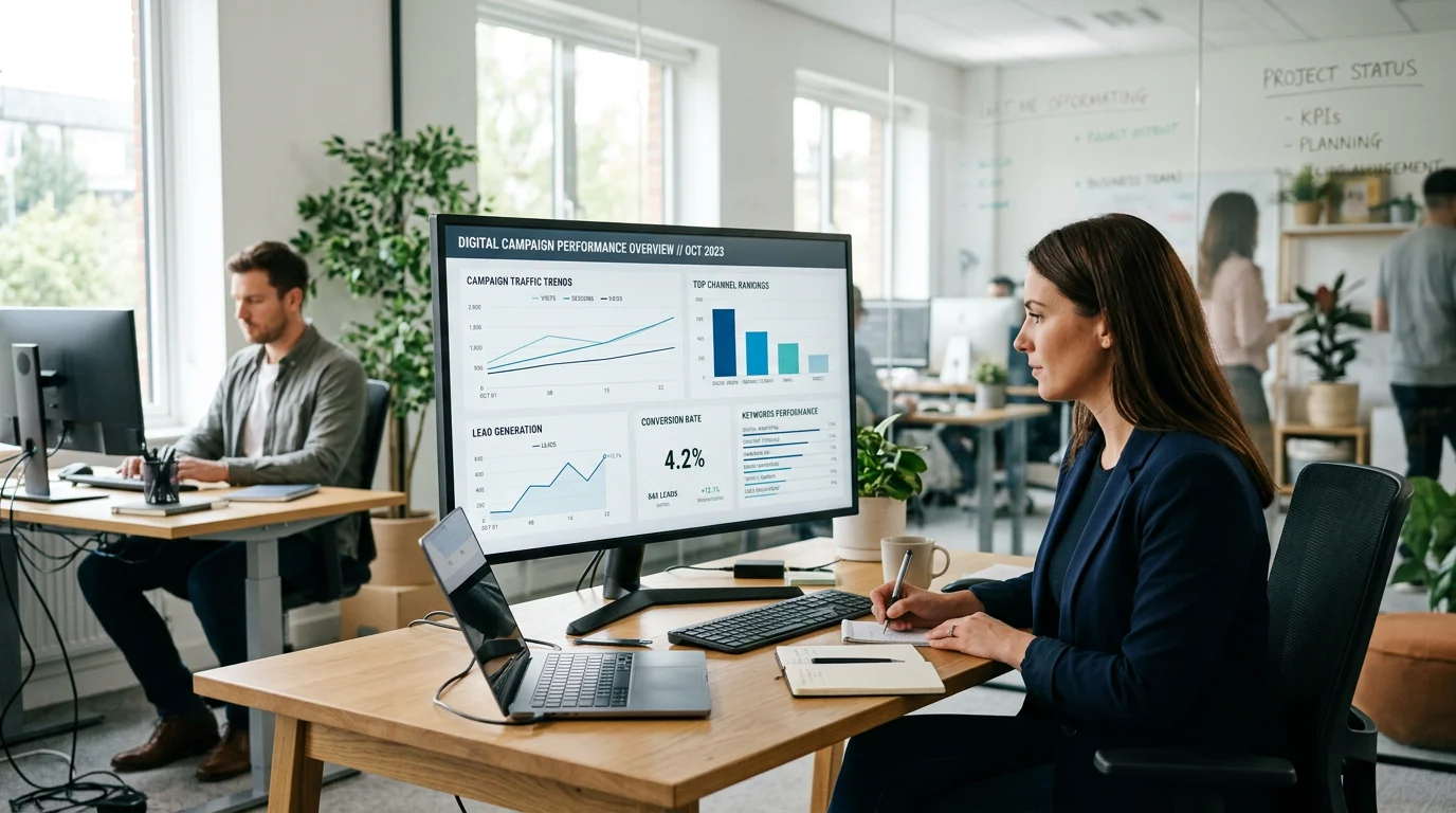 Marketing analyst reviewing SEO performance dashboards on a large screen