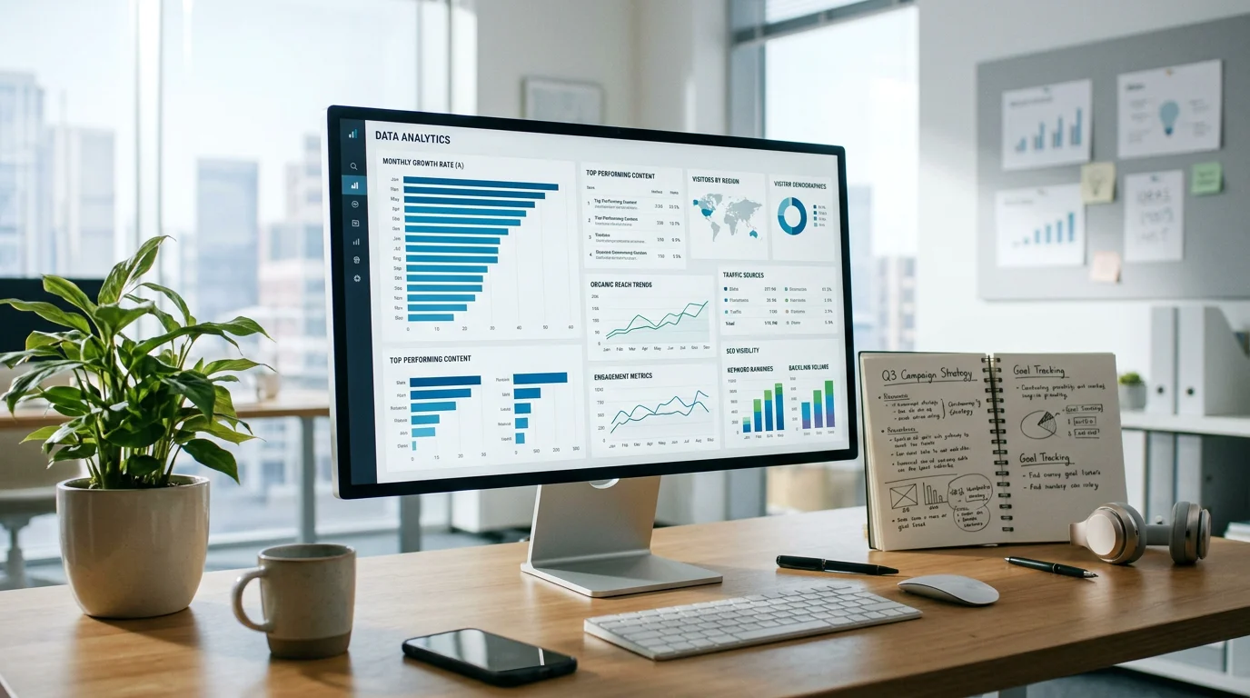Modern marketing workspace with SEO analytics displayed on a large monitor