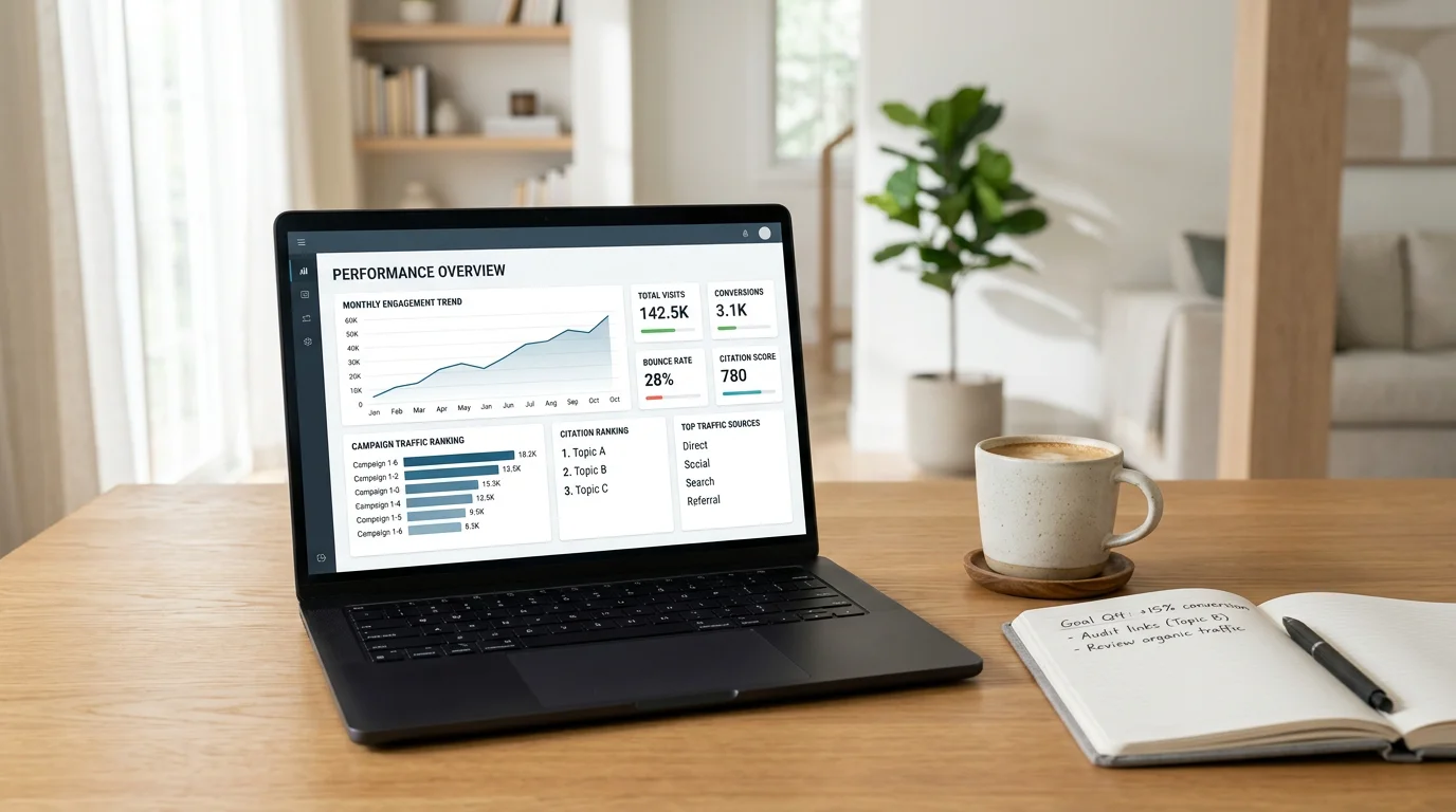 Marketing dashboard showing search rankings and AI citation tracking on a laptop
