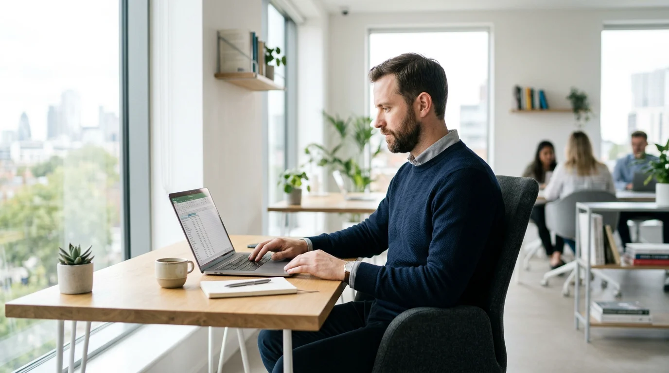 Professional working calmly at one laptop, representing automated SEO workflows