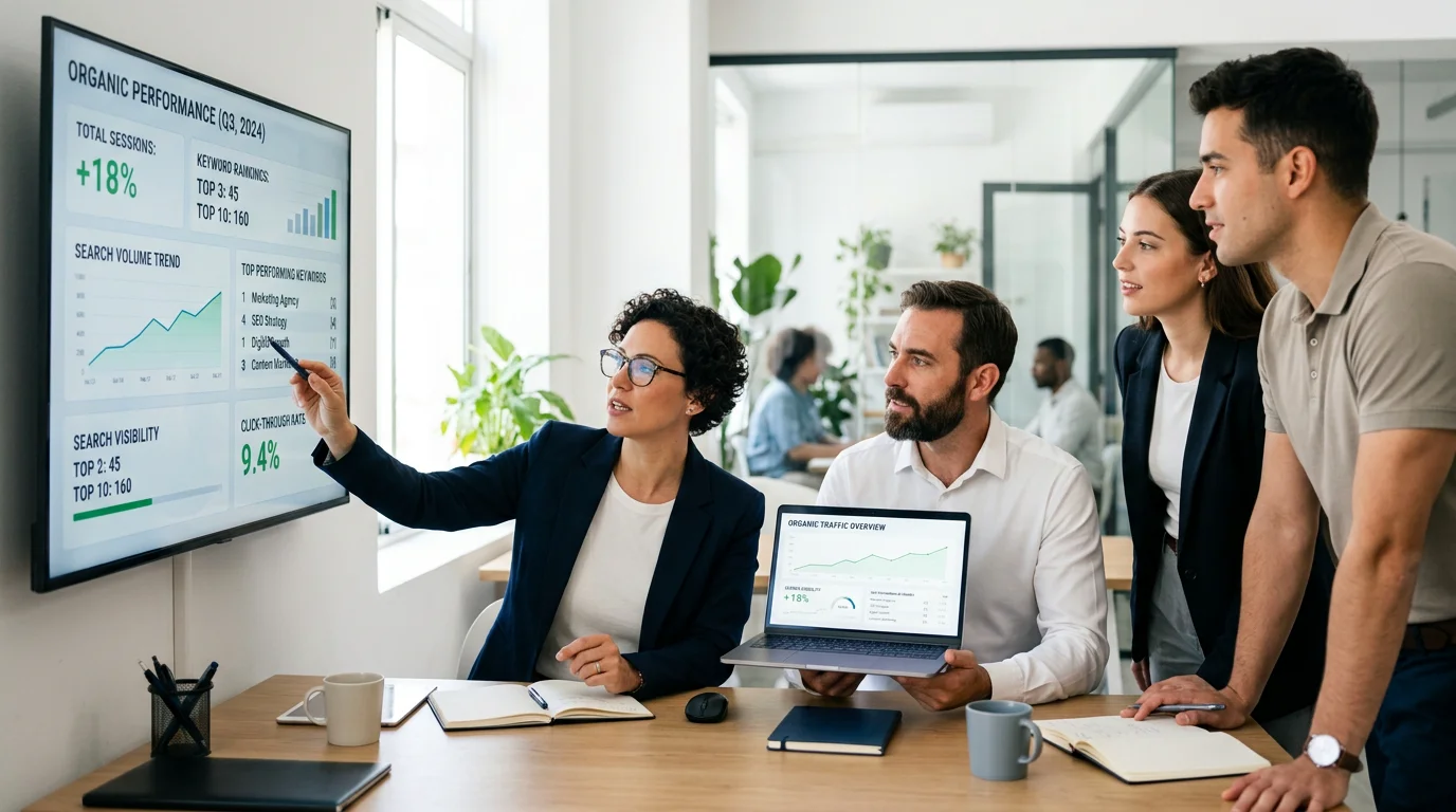 Marketing team reviewing SEO performance on screens in a modern office