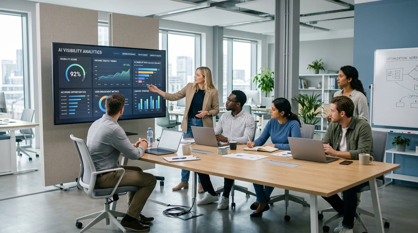 A marketing team reviewing SEO and AI visibility analytics on a large screen