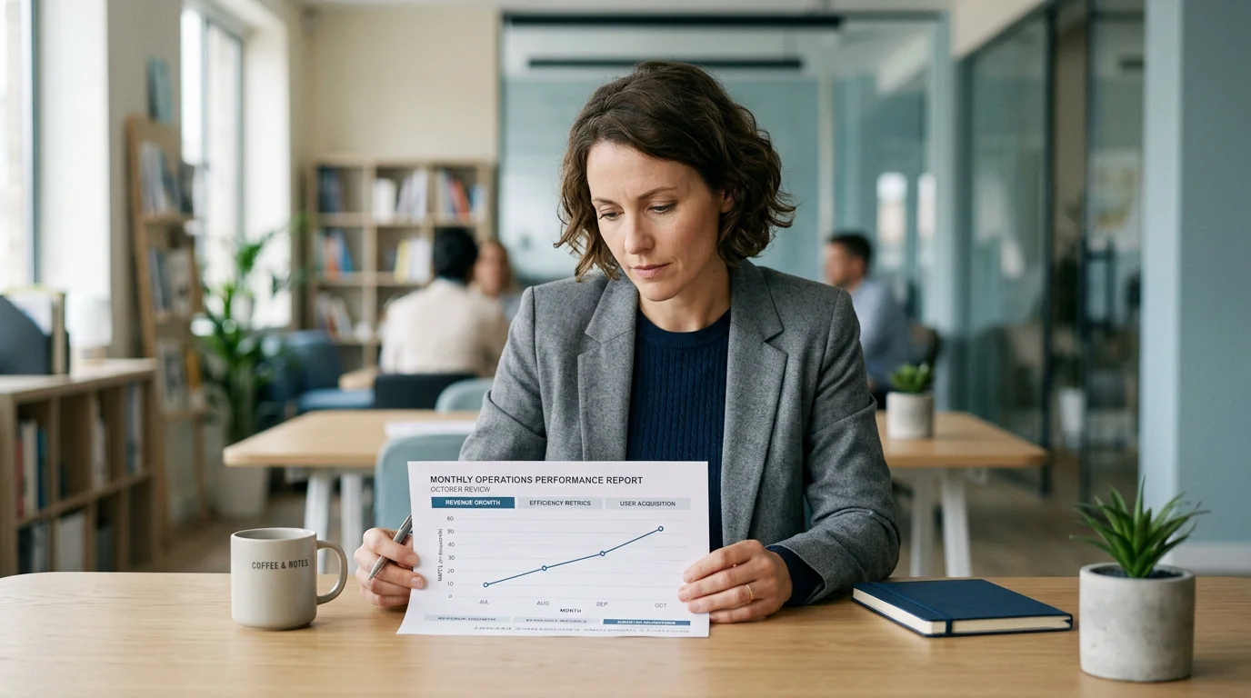 A professional reviewing a monthly SEO performance report with rising graphs