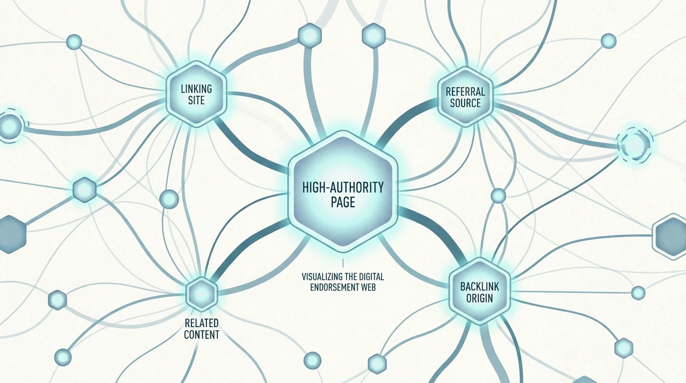 Network diagram illustrating backlinks flowing to a high-authority web page