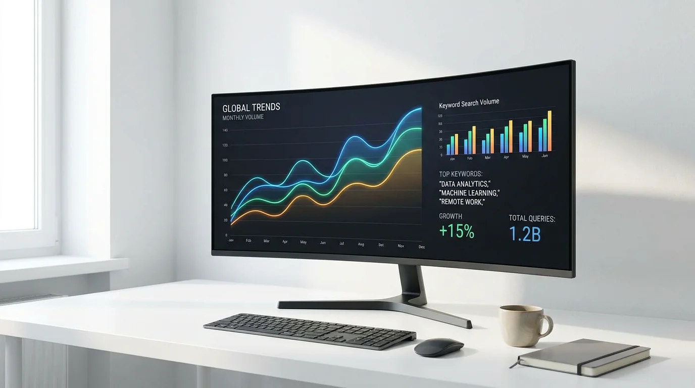 Modern dashboard displaying keyword search volume trends and analytics on a clean workspace