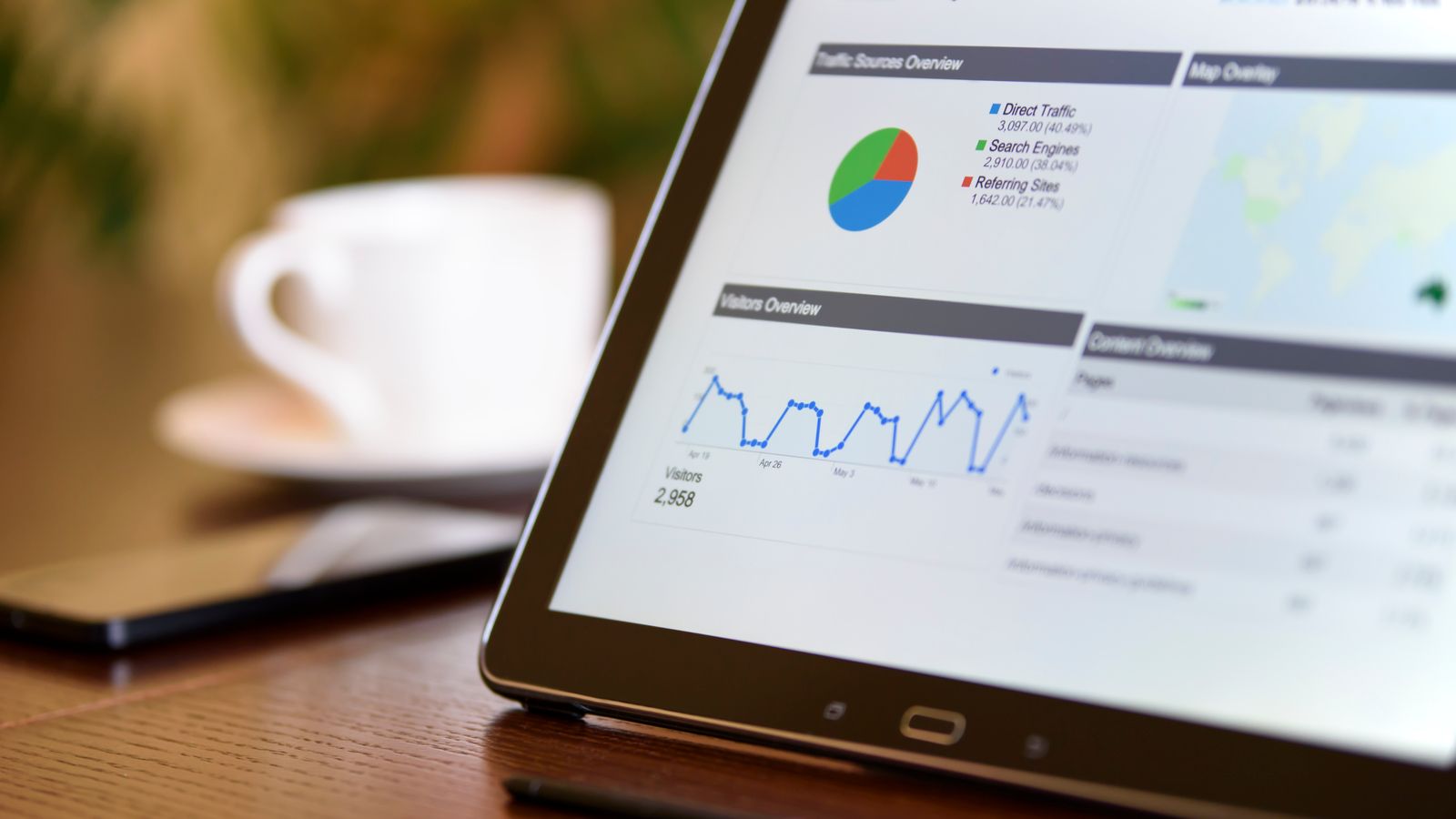 Tablet showing marketing analytics charts on a desk next to a notebook
