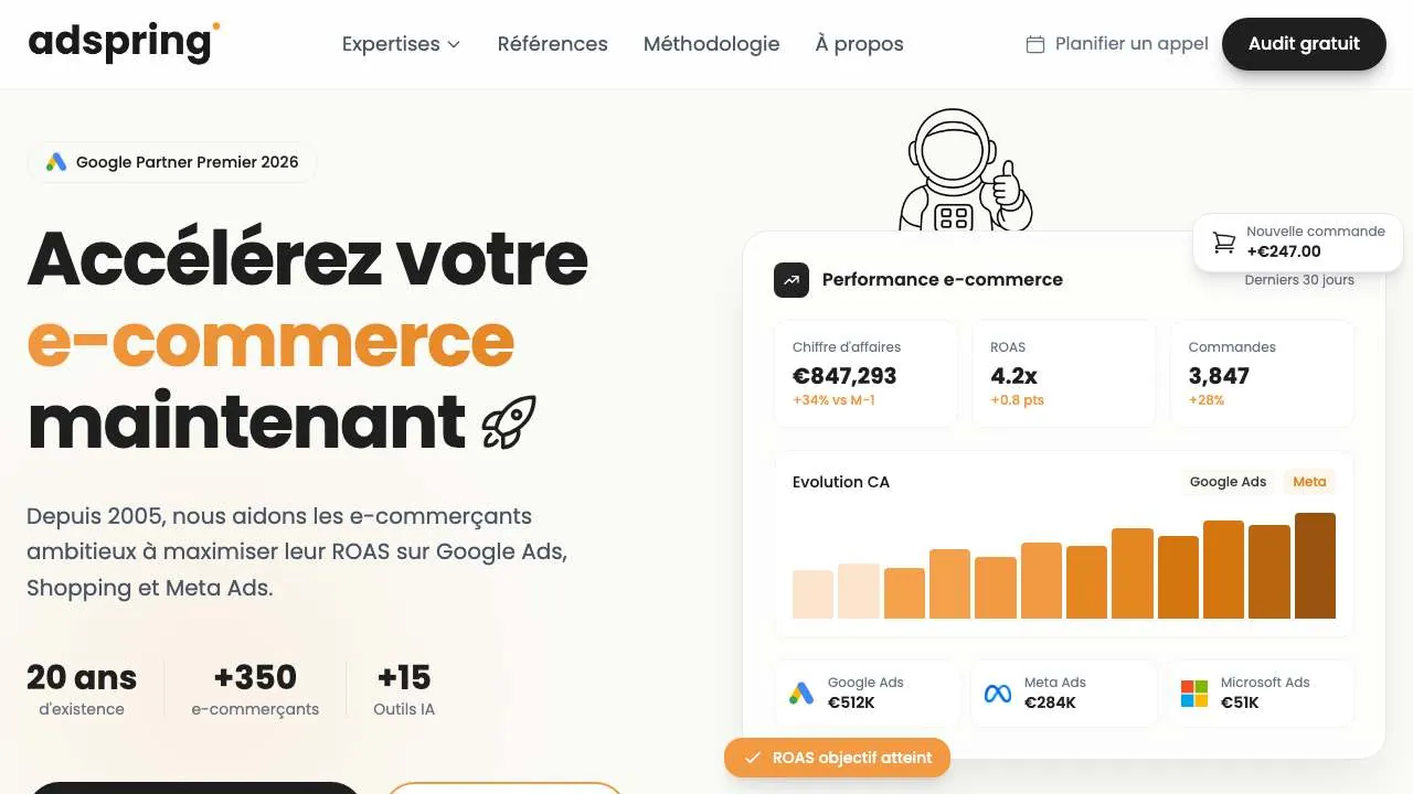 Startseite der Website der E-Commerce-Akquisitionsagentur Adspring