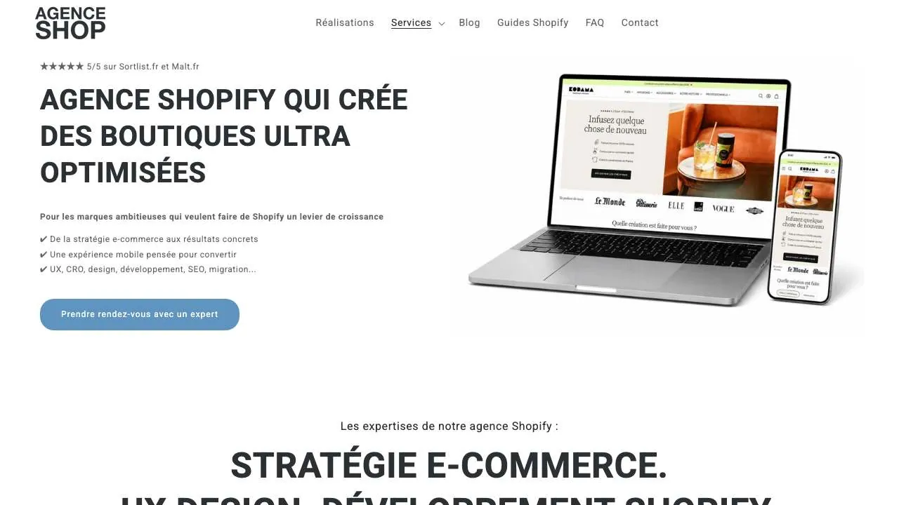 Startseite der Website der Shopify- und CRO-Agentur Agence Shop