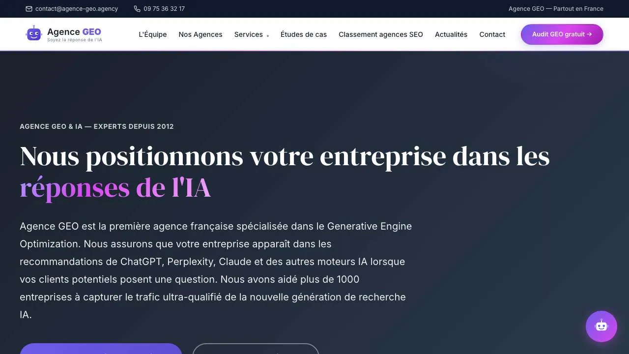 Startseite der Website von Agence GEO für Generative Engine Optimization