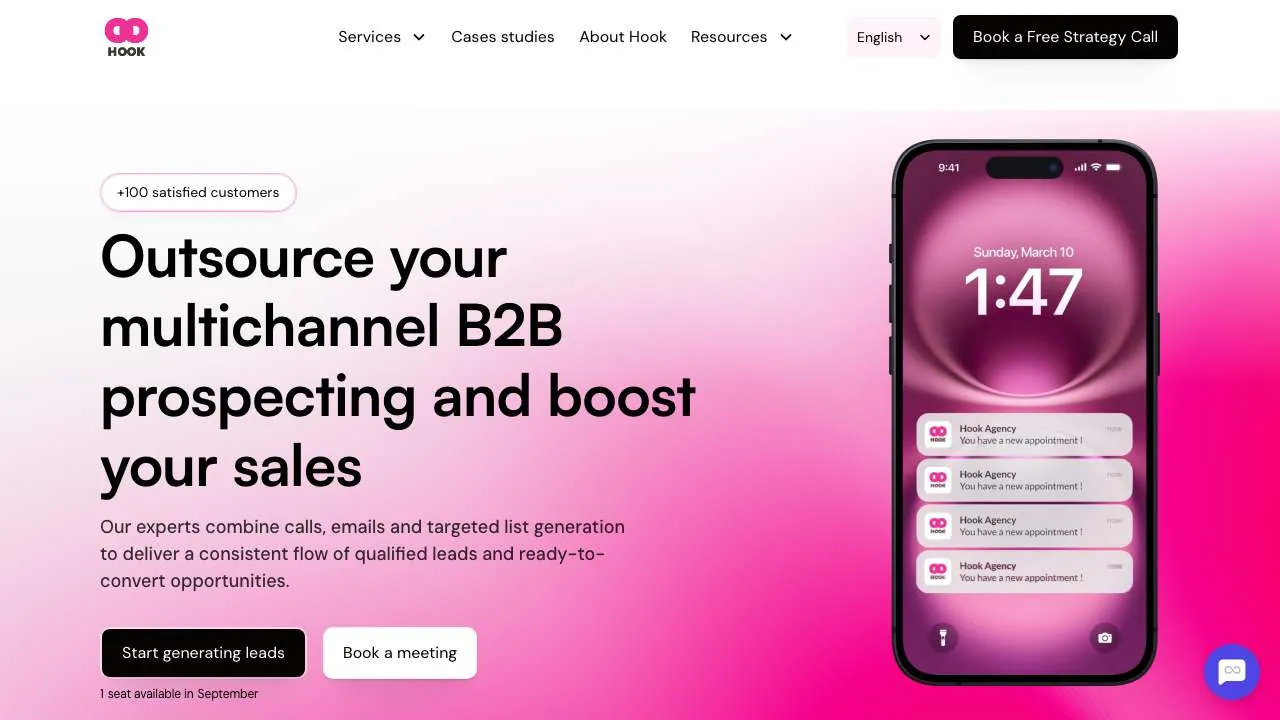 Startseite der Website des Vertriebsdienstleisters Hook Agency